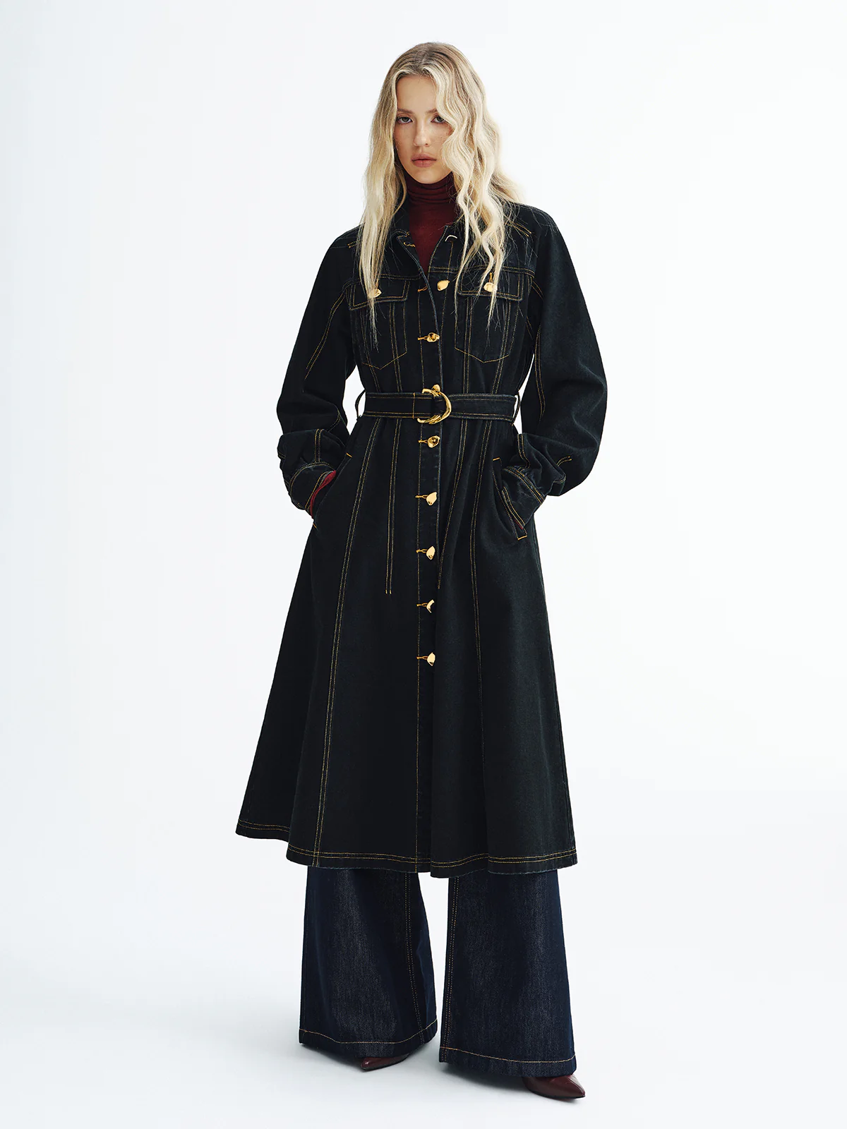 Metal Button Denim Belted Maxi Shirt Dress - Wholesalesil