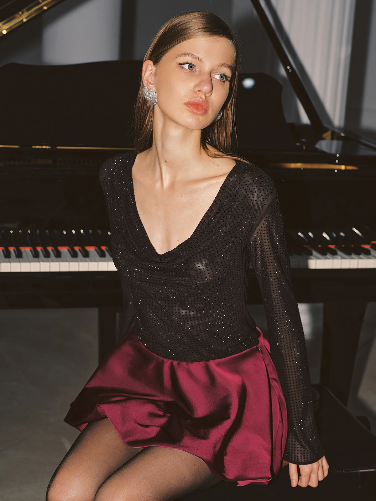 Cowl Neck Rhinestone Long Sleeve Top - Wholesalesil