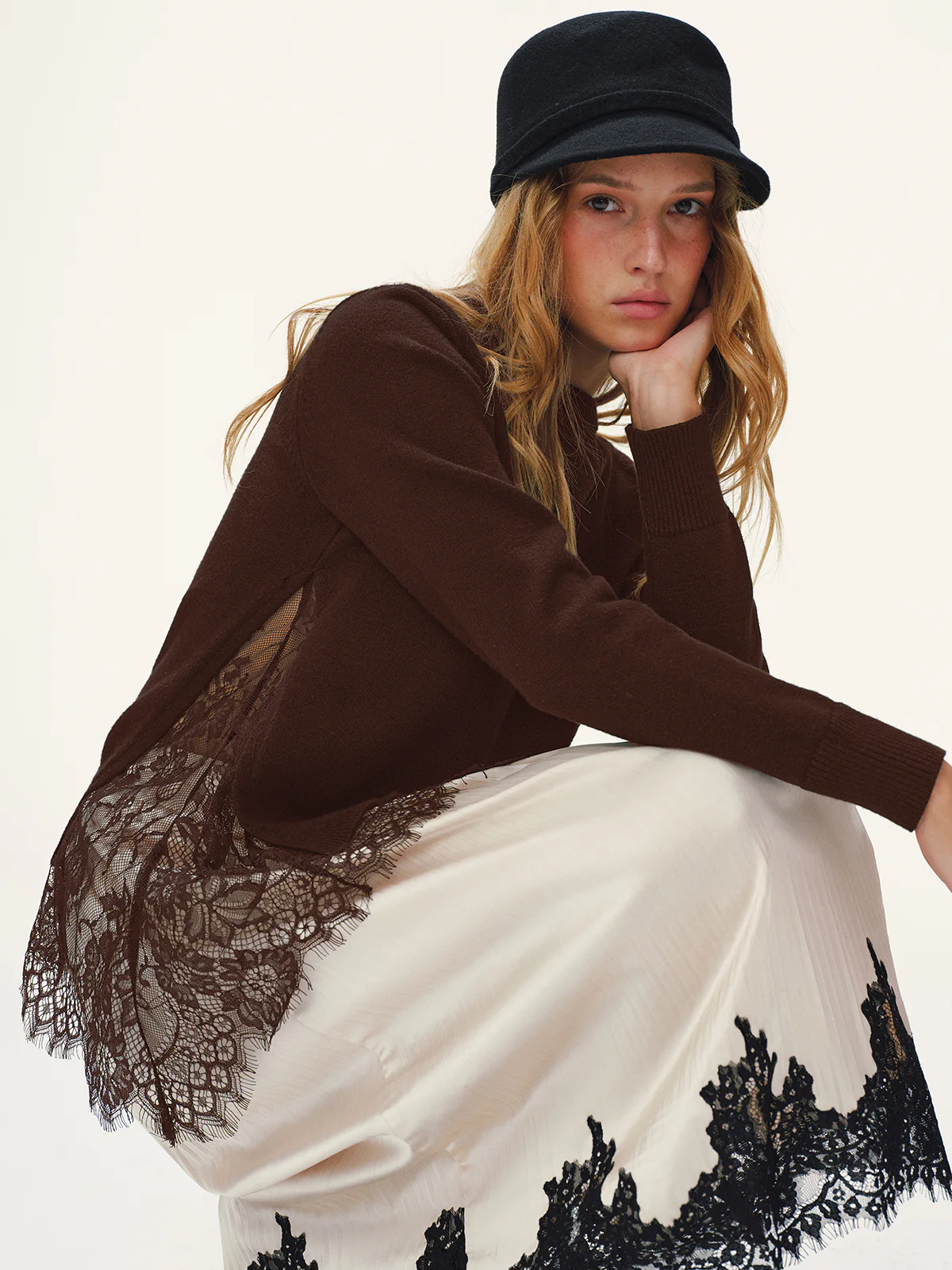 Lace Panel Knitted Sweater - Wholesalesil