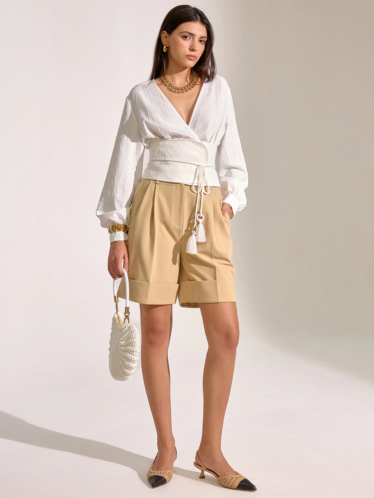 Cinched Waist Tassel Tie Wrap Blouse - Wholesalesil