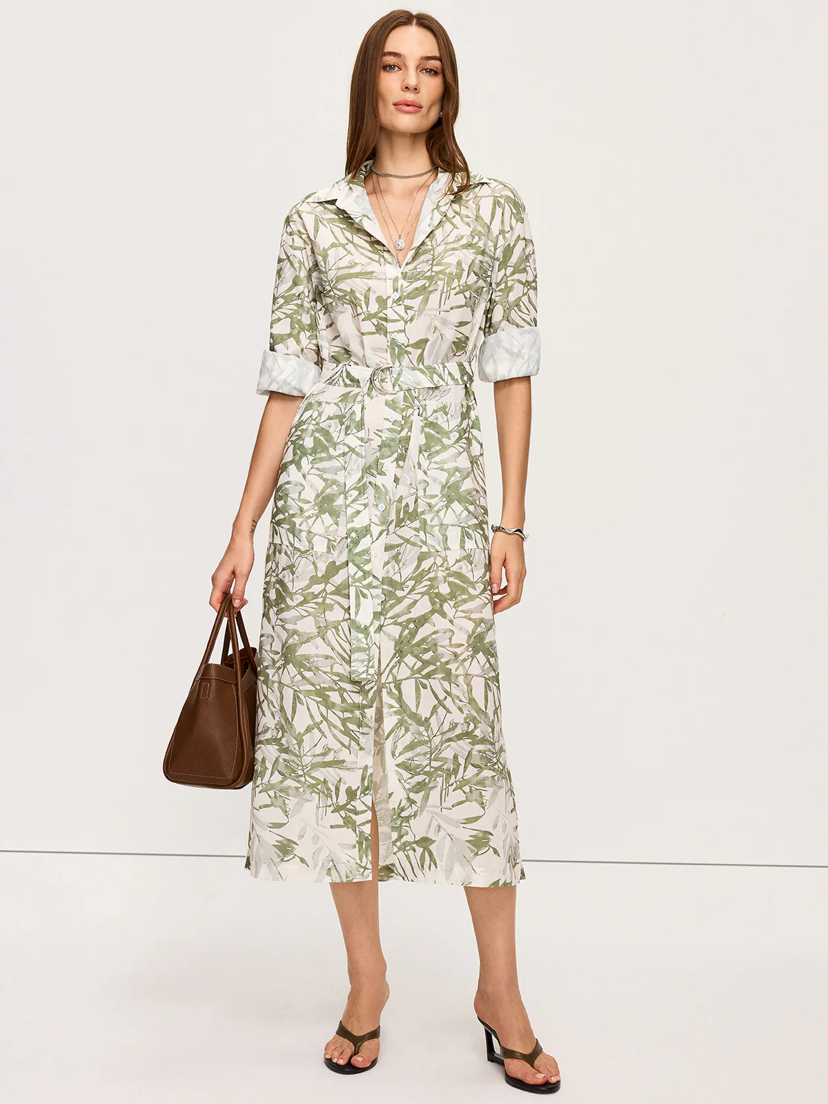 Leaf Printed  Belted Midi Dress with Slits - Wholesalesil
