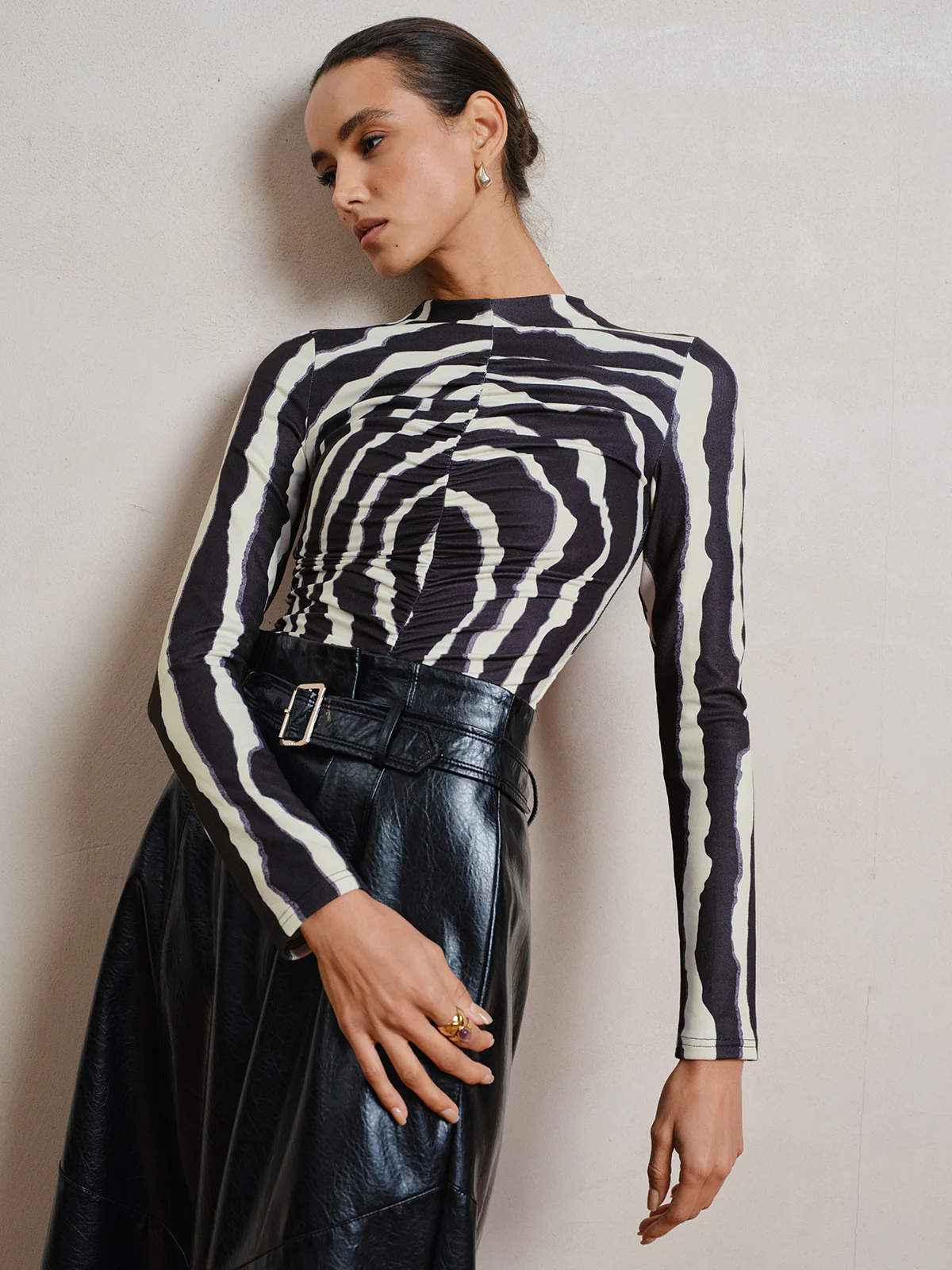 Zebra Print Ruched Long Sleeve Top - Wholesalesil