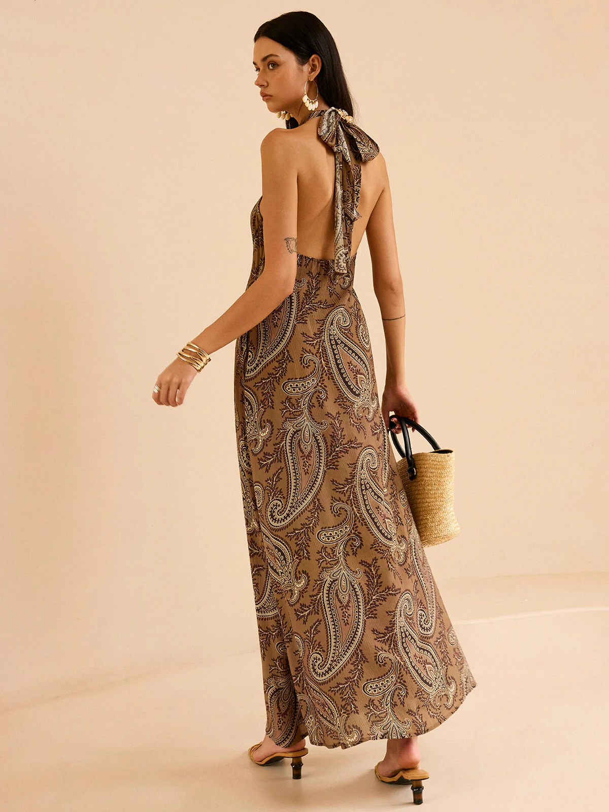 Paisley Print Halter Backless Maxi Dress - Wholesalesil