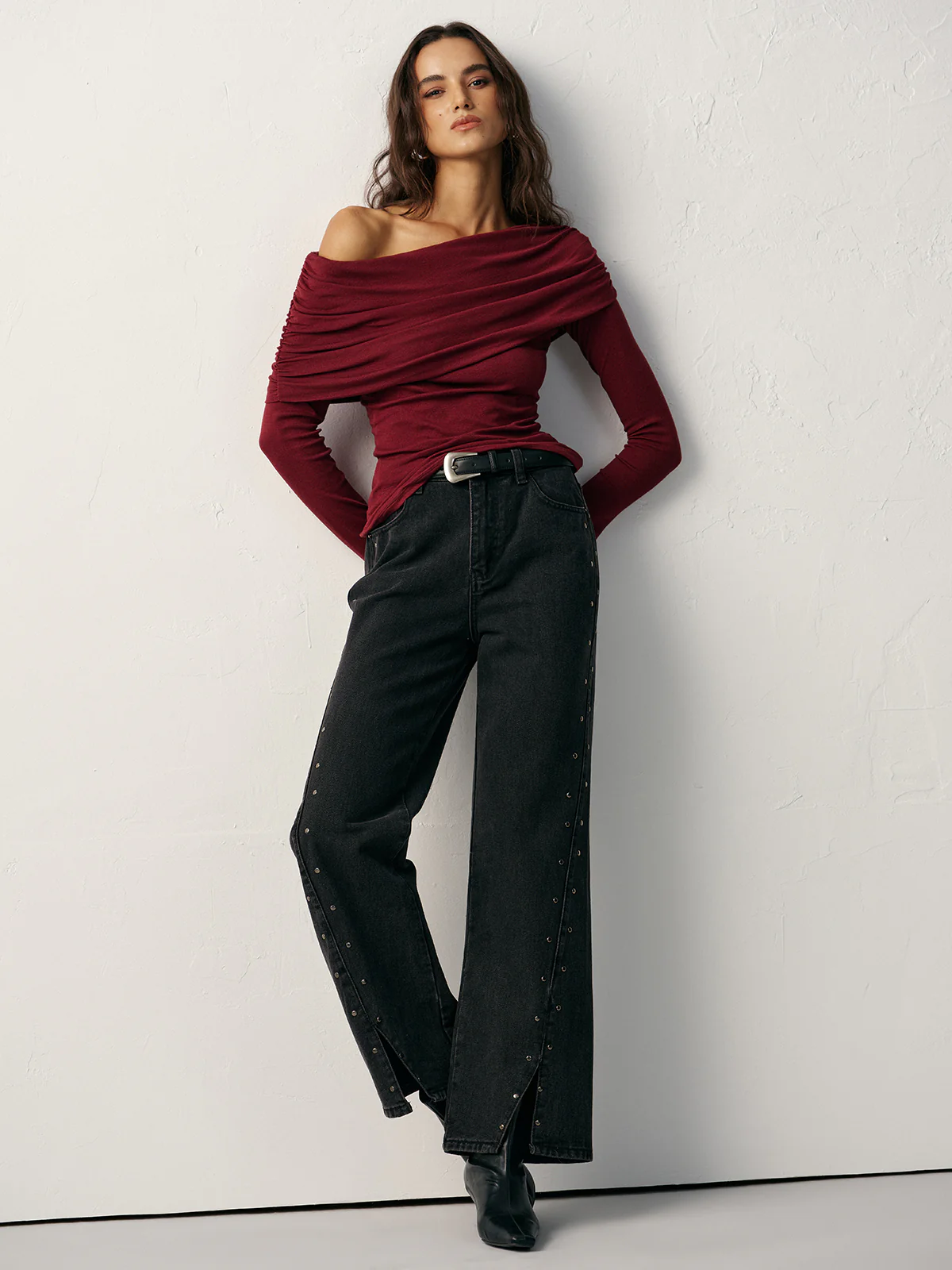 Off-Shoulder Ruched Wool Blend T-Shirt - Wholesalesil