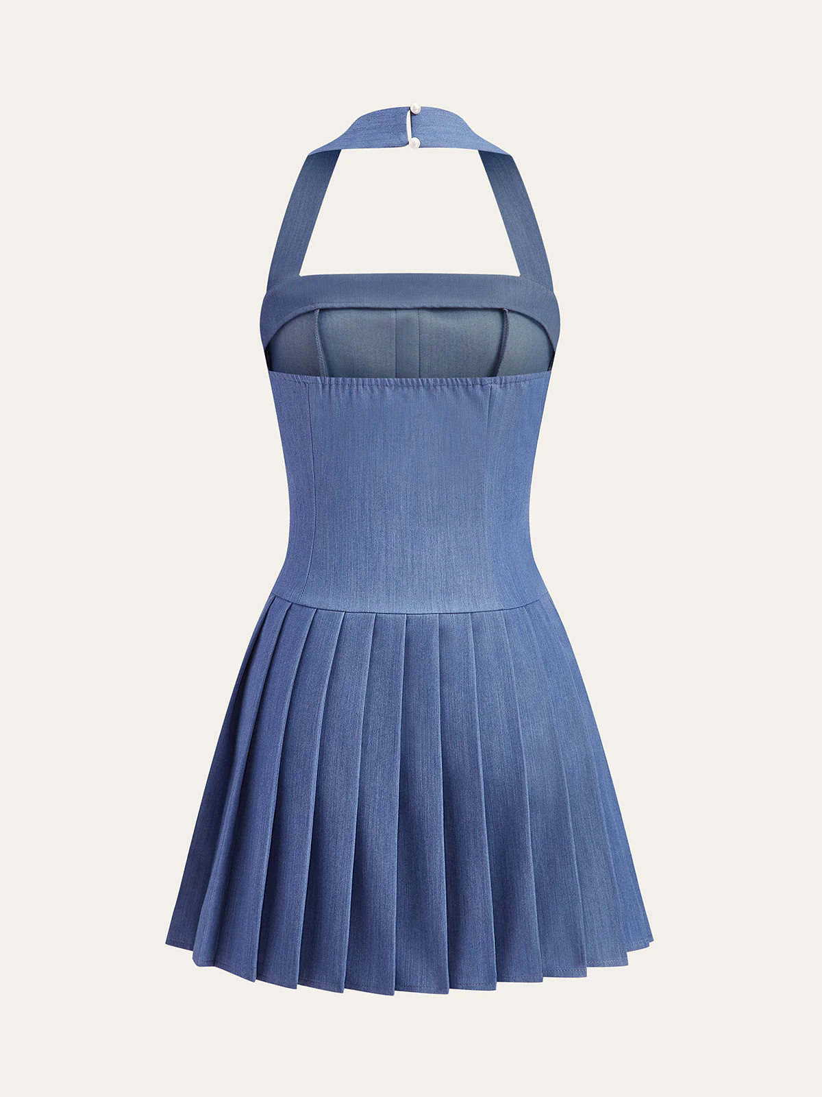 Metal Button Halter Neck Pleated Dress - Wholesalesil