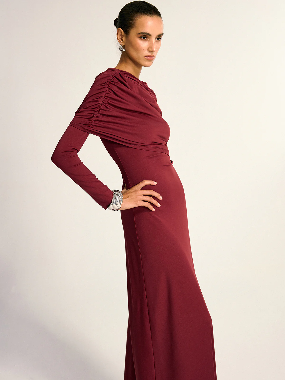 Draped Long Sleeve Maxi Dress - Wholesalesil