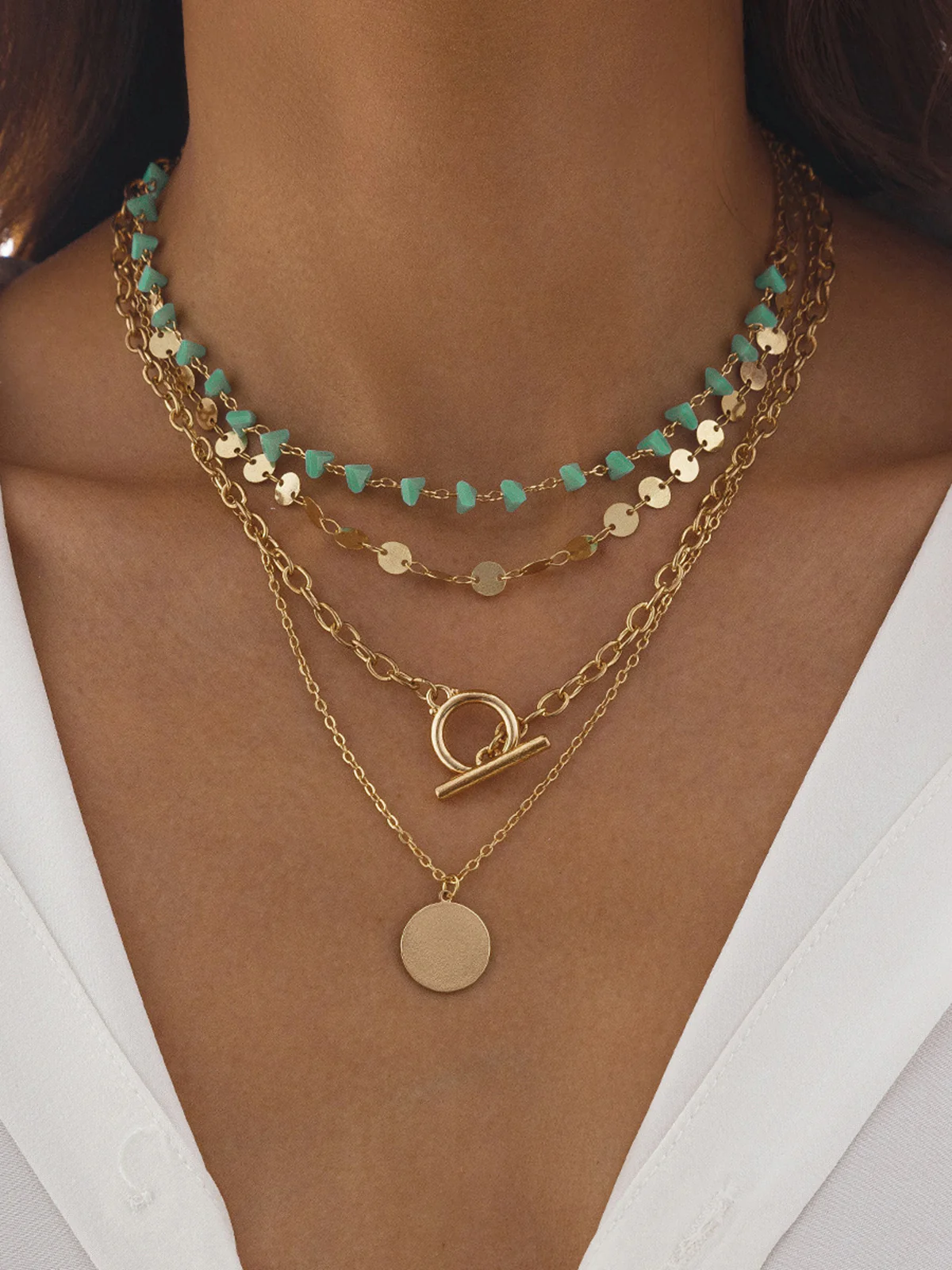 Layered Gold-Chain Necklace With Turquoise Beads And Circular Pendant - Wholesalesil