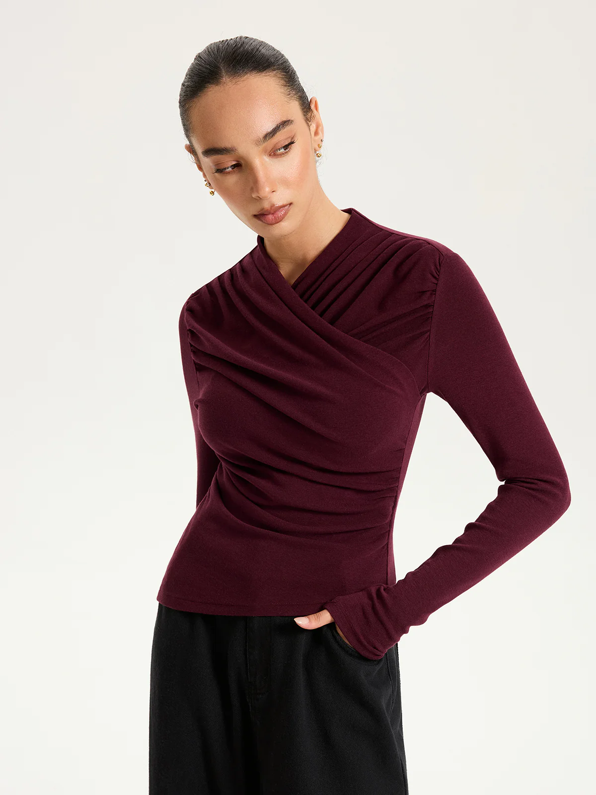 Cross Ruched Long Sleeve Top - Wholesalesil