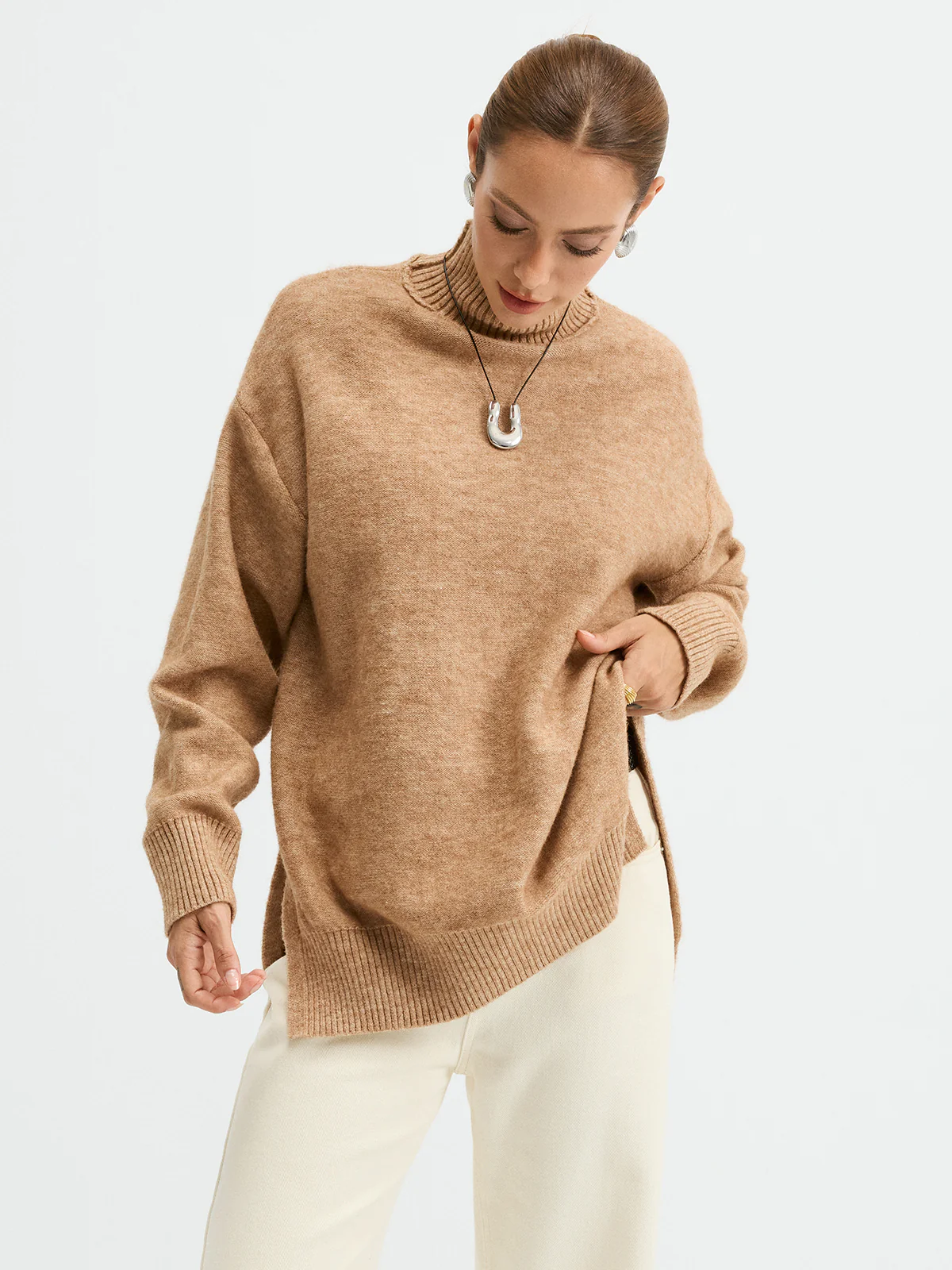 Turtleneck Side-Slit Oversized Casual Sweater - Wholesalesil