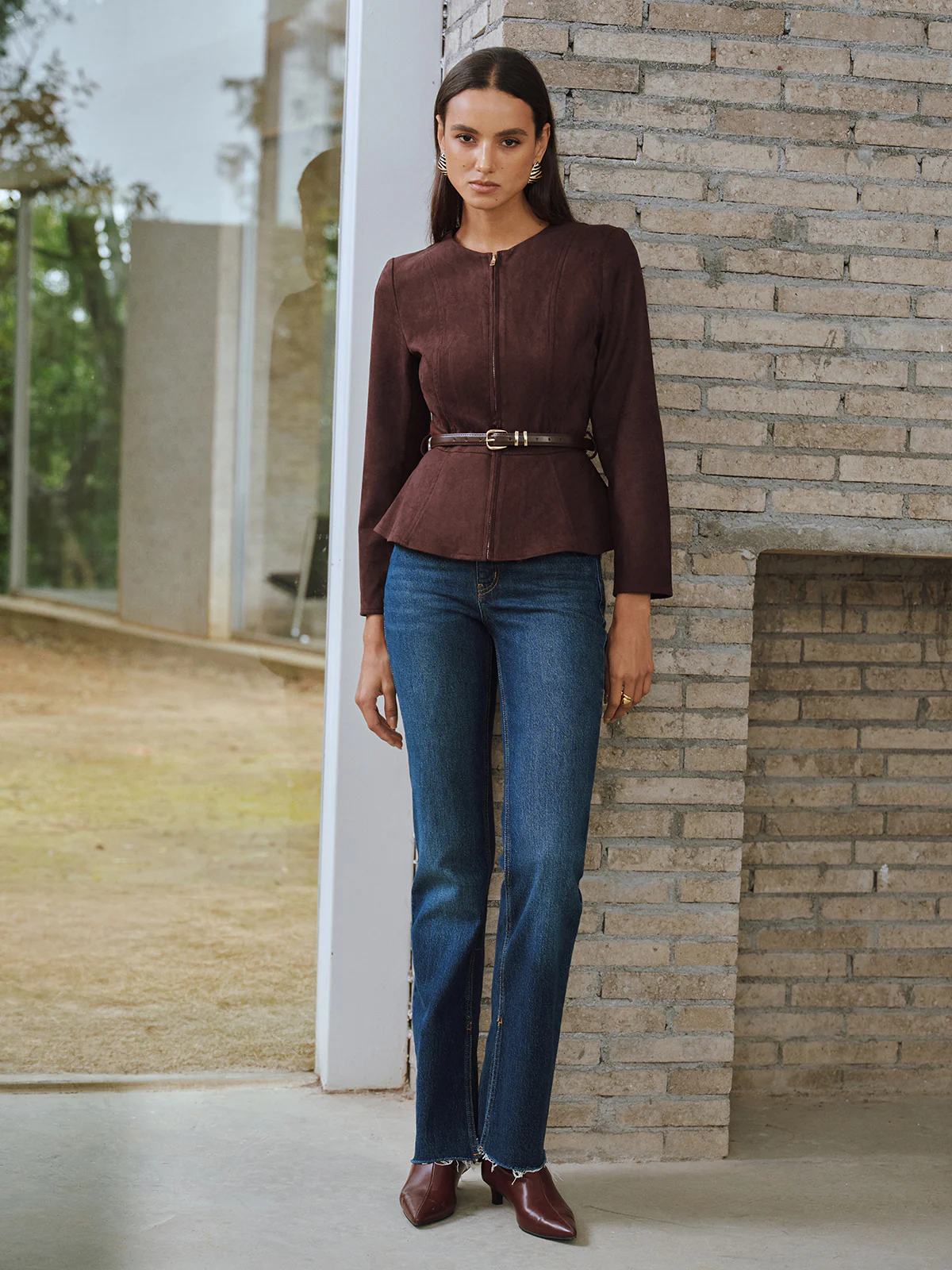 Belted Suede Effect Zipper Jacket - Wholesalesil