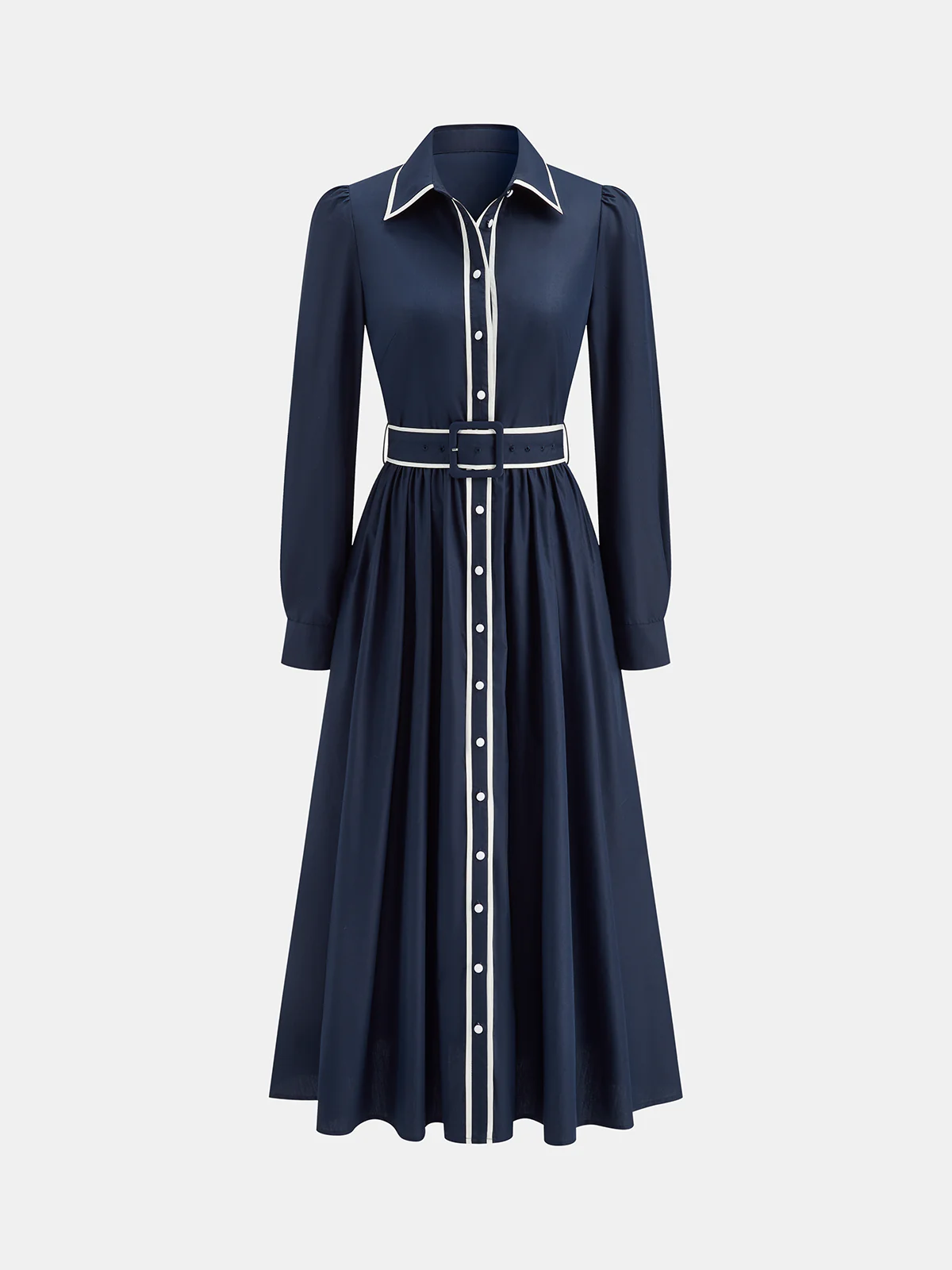 Contrast Trim Belted Pleated Shirt Dress - Wholesalesil