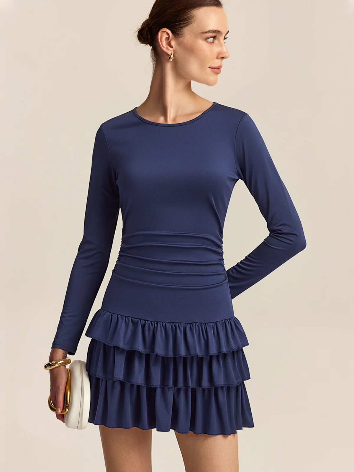 Long Sleeve Ruched Waist Layered Ruffle Dress - Wholesalesil