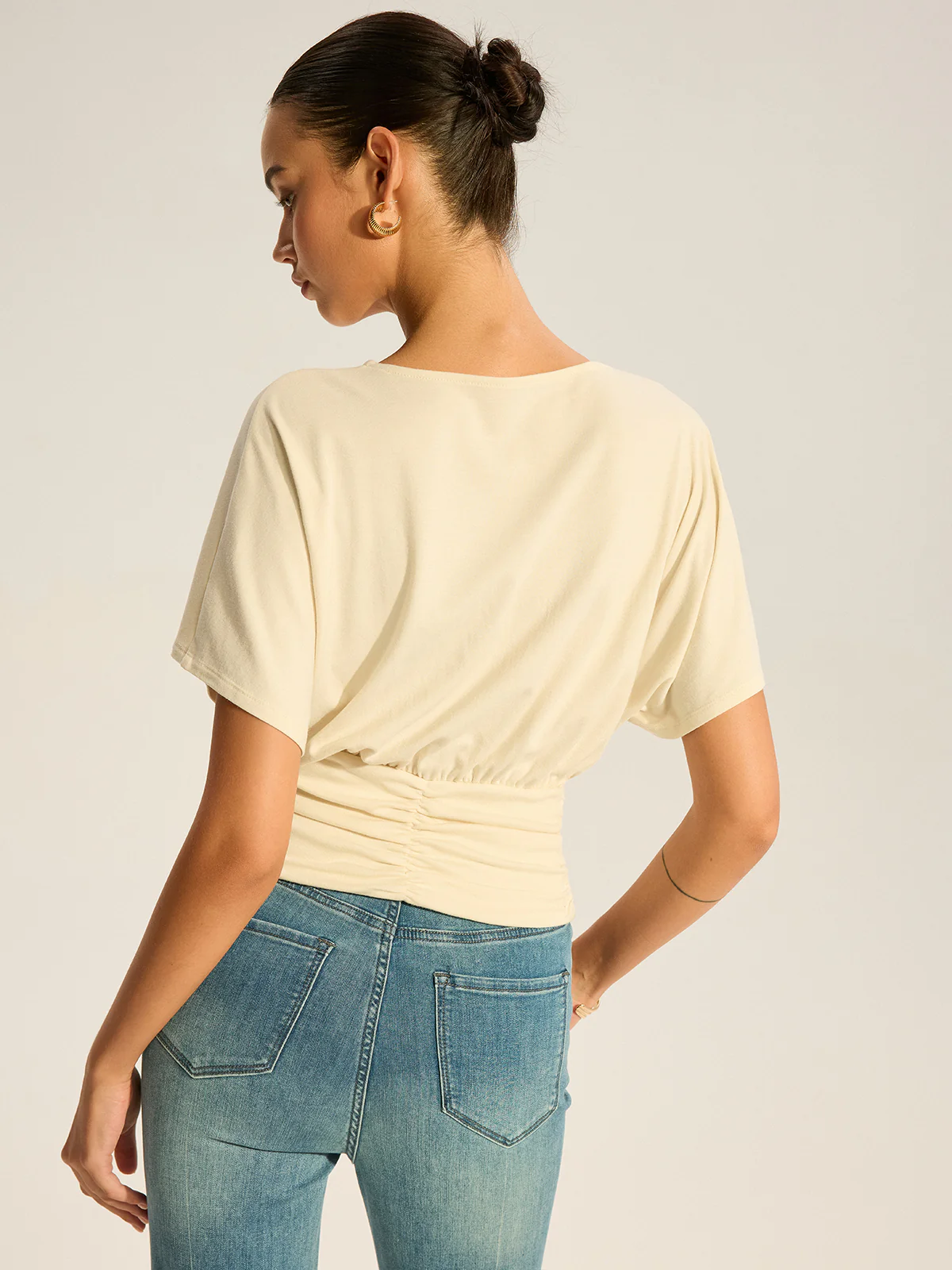 Asymmetrical Ruched Draped Top with Metal Ring Detail - Wholesalesil