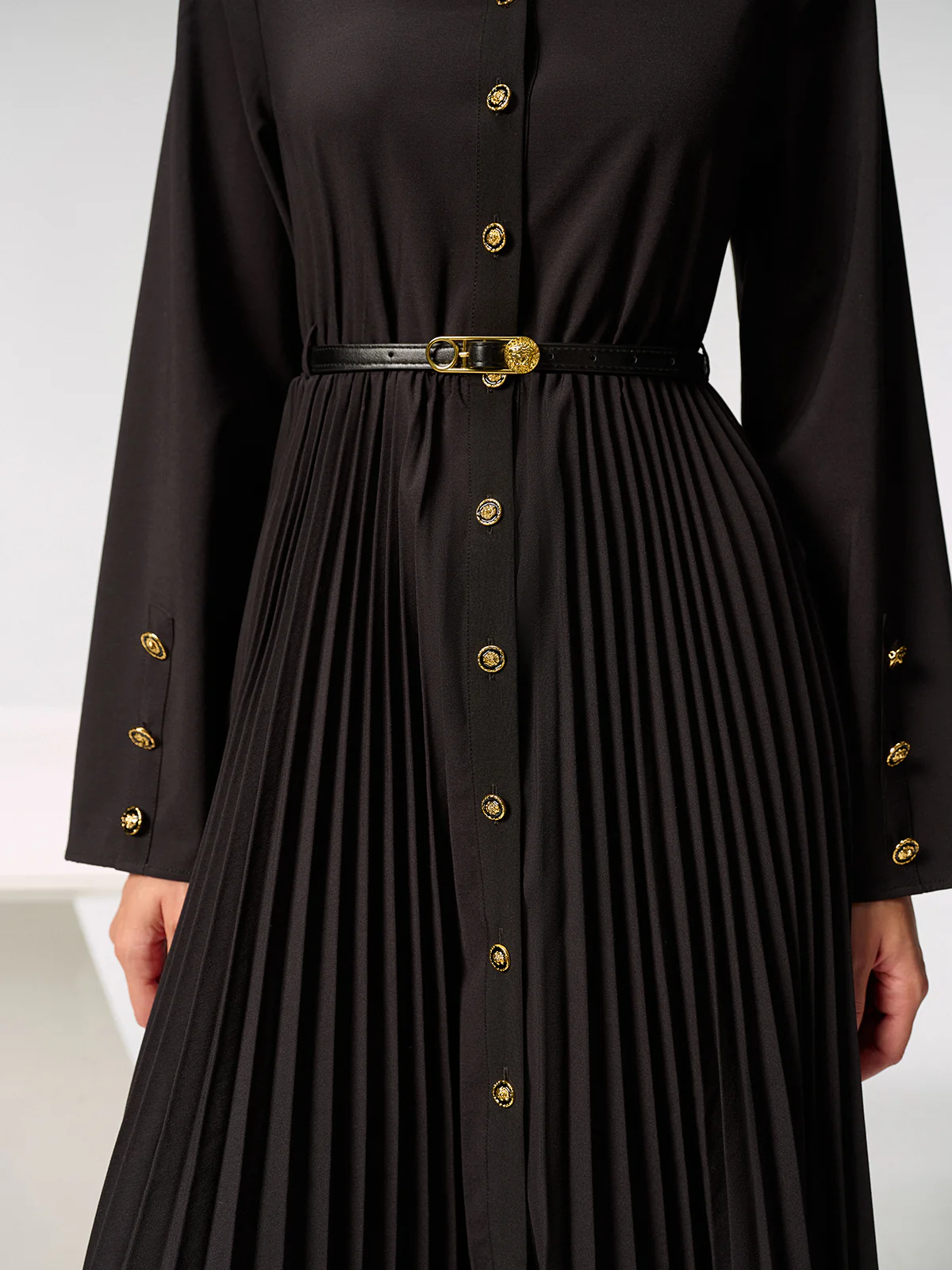 Metal Button Belted Pleated Shirt Dress - Wholesalesil