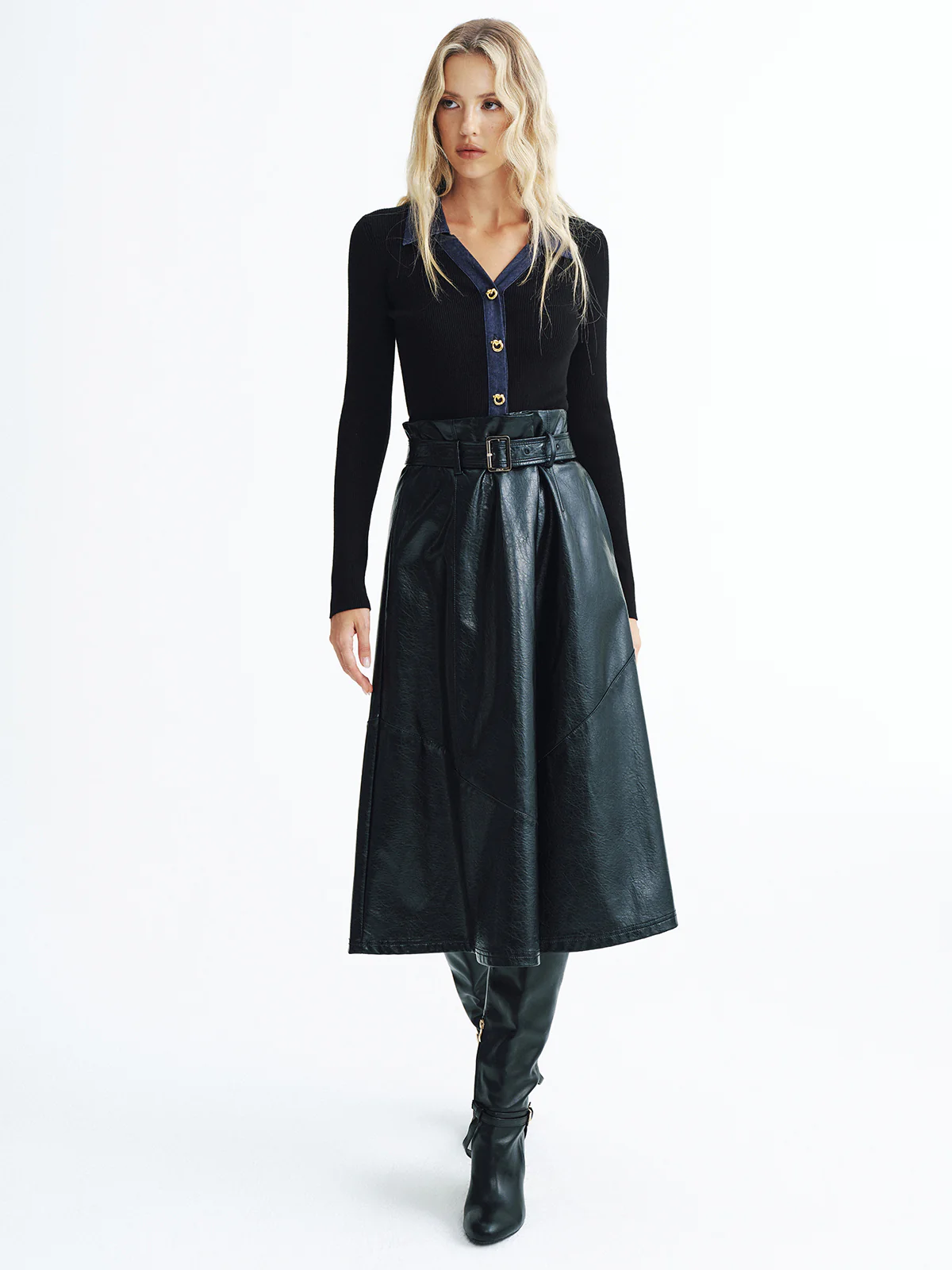 Denim Panel Ribbed Knit Cardigan - Wholesalesil