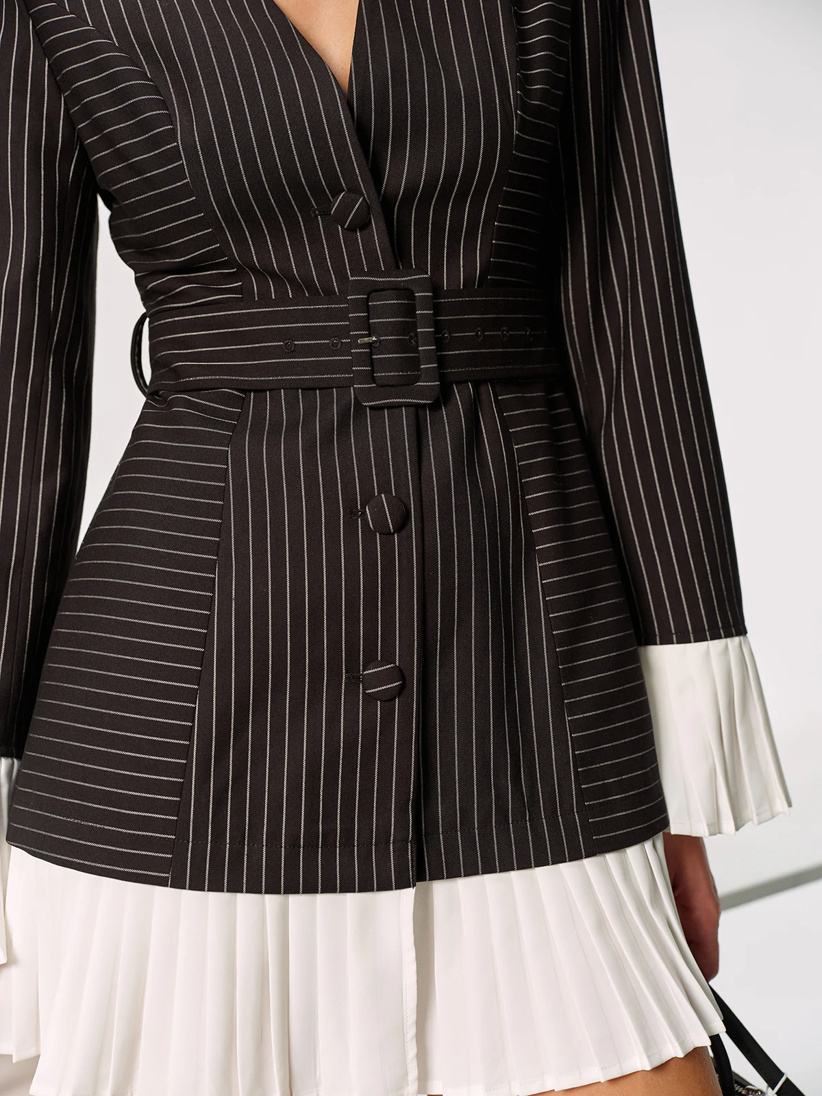 Contrast Pleated Panel Pinstriped Belted Blazer Dress - Wholesalesil