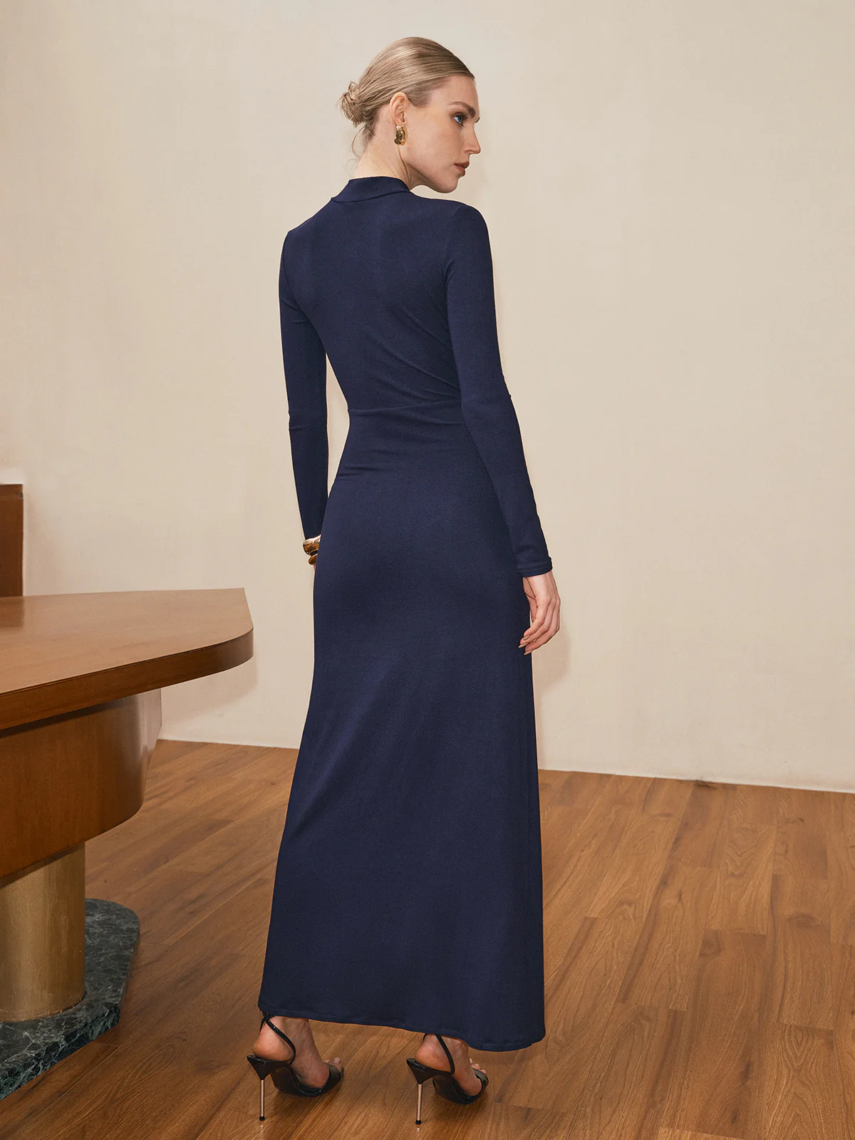 Mock Neck Ruched Slit Maxi Dress - Wholesalesil