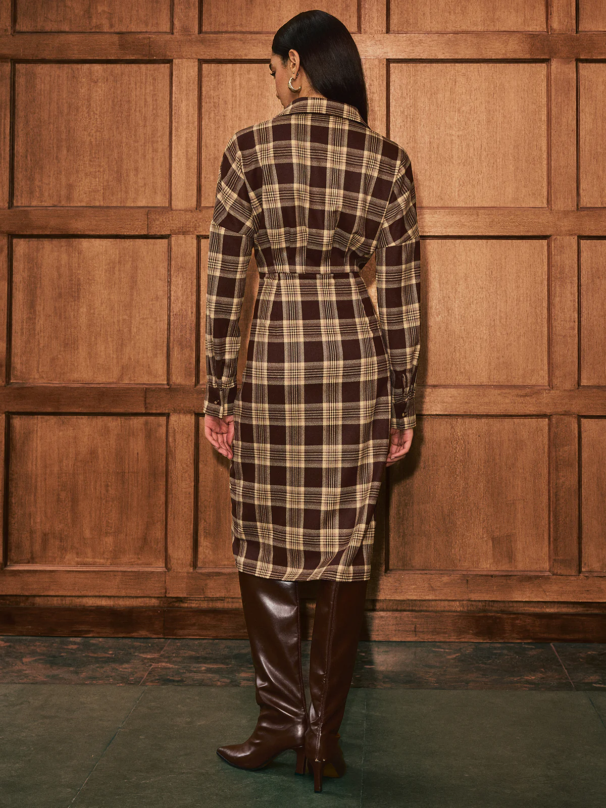 Ruched Button-Front Plaid Shirt Dress - Wholesalesil