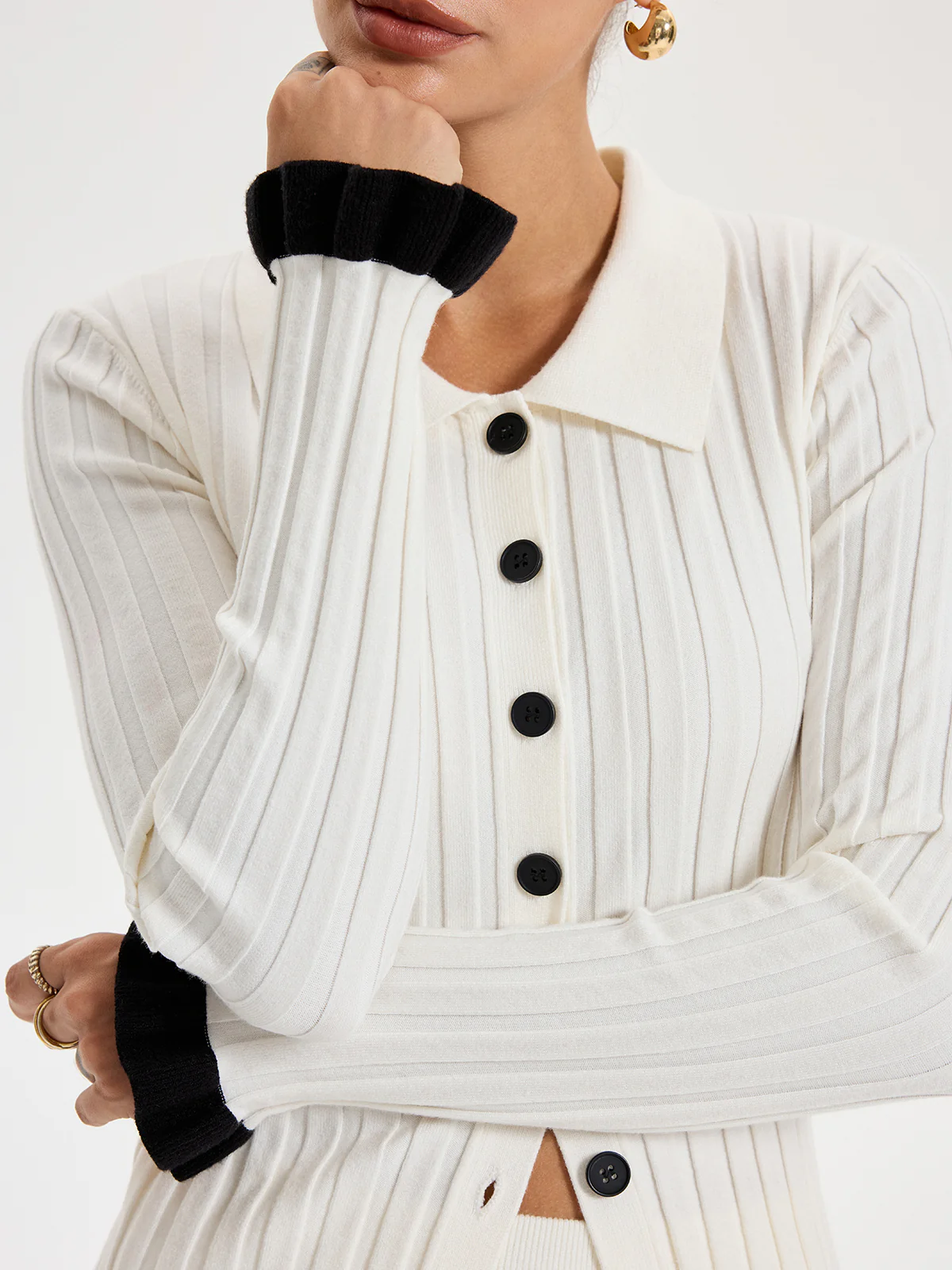 Rib-knit Cardigan with Contrasting Ruffles - Wholesalesil