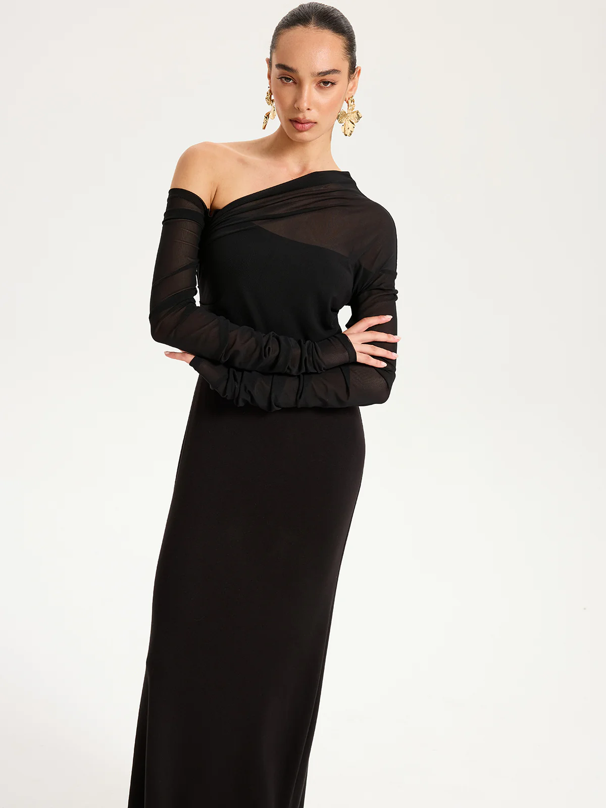 One-Shoulder Sheer Ruched Long Sleeve Maxi Dress - Wholesalesil