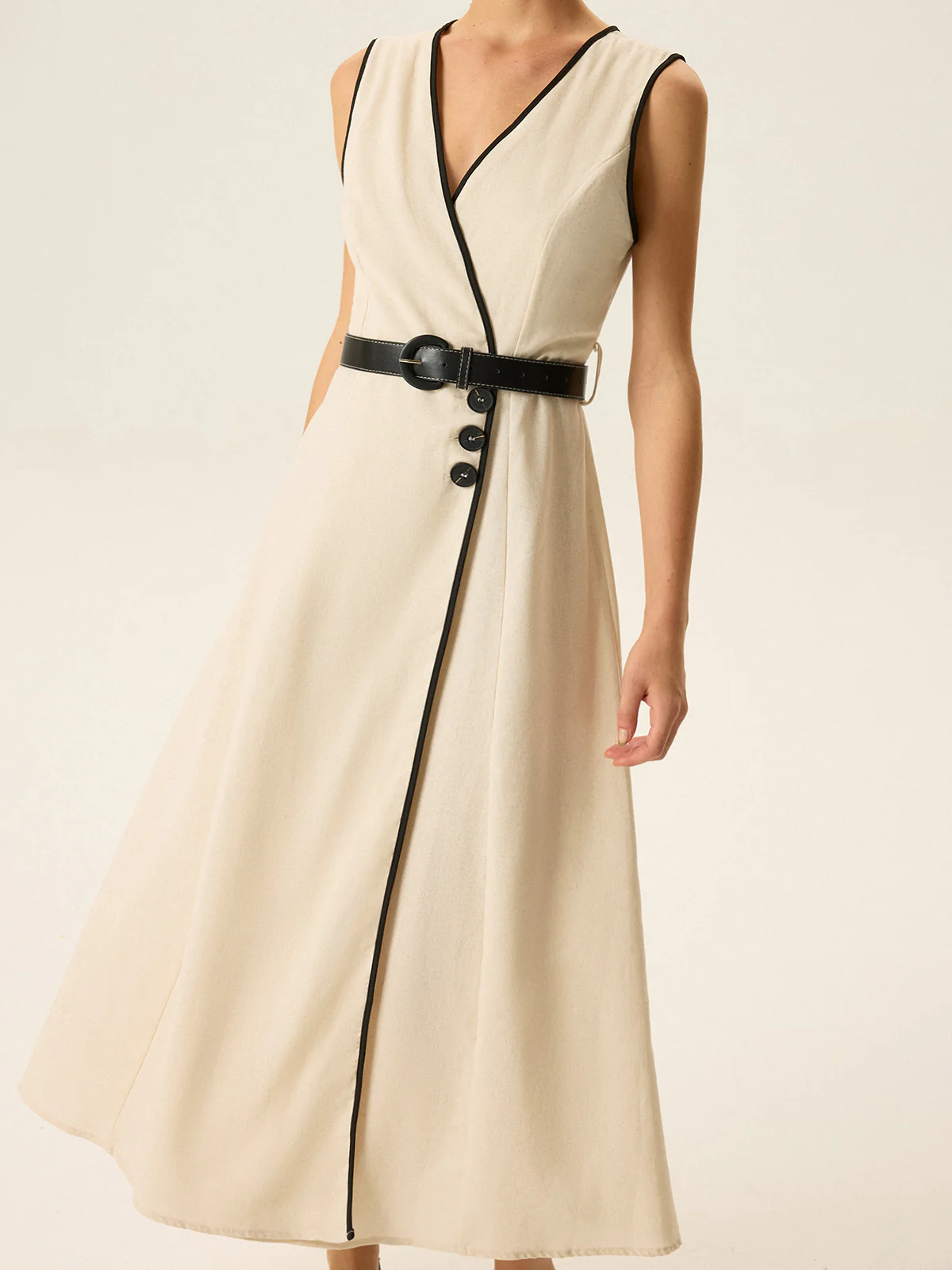 Contrast Trim Belted Midi Dress - Wholesalesil