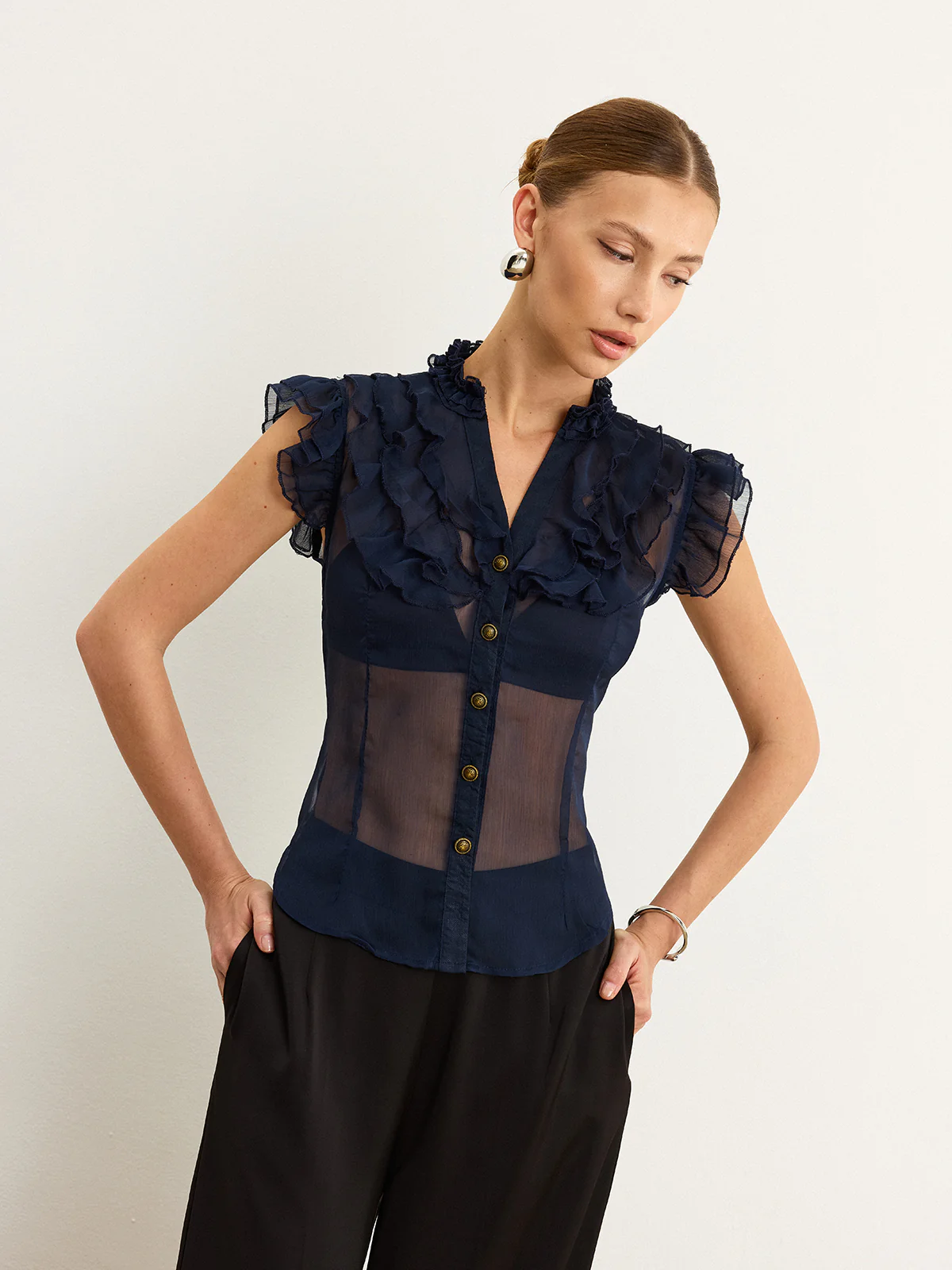 Semi-Sheer Ruffled Blouse - Wholesalesil