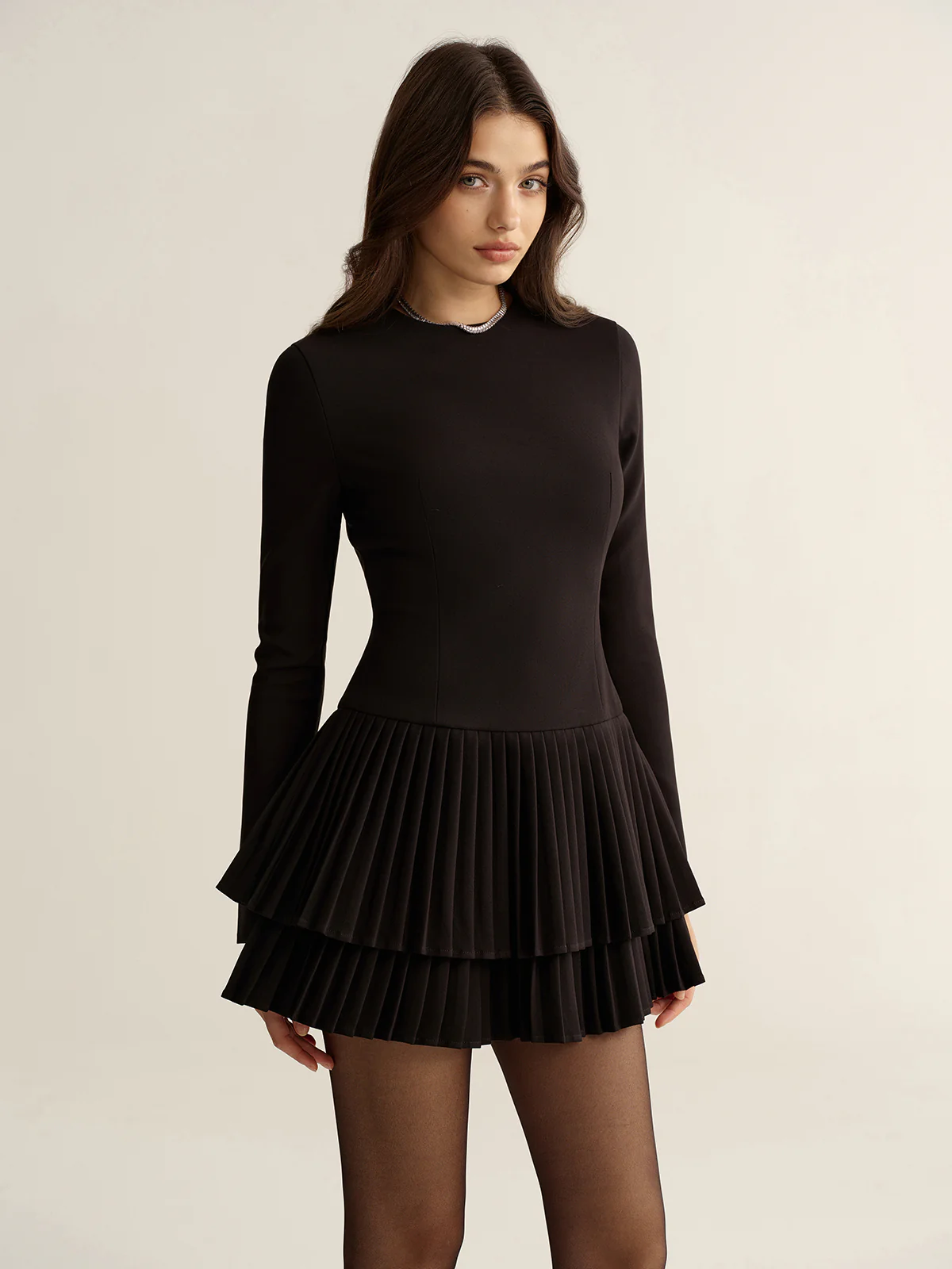 Long Sleeve Tiered Pleated Mini Dress - Wholesalesil