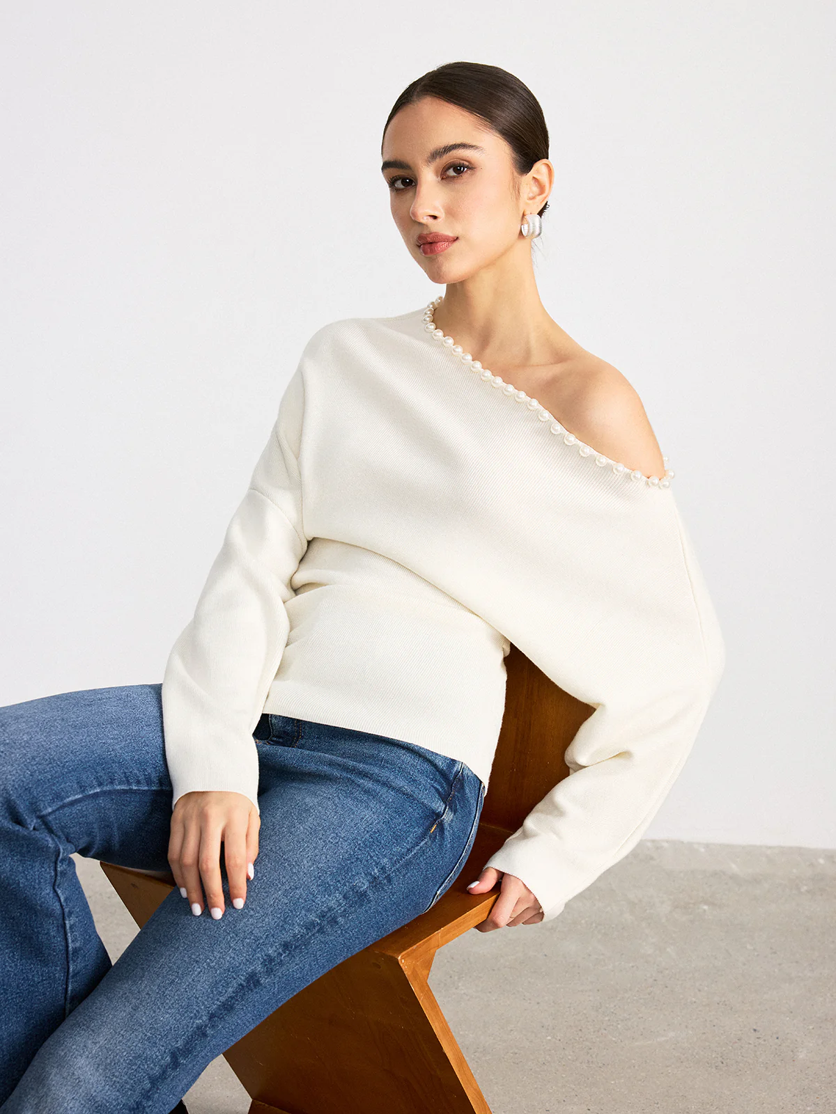 Off-Shoulder Pearl Embellished Wool Blend Sweater - Wholesalesil