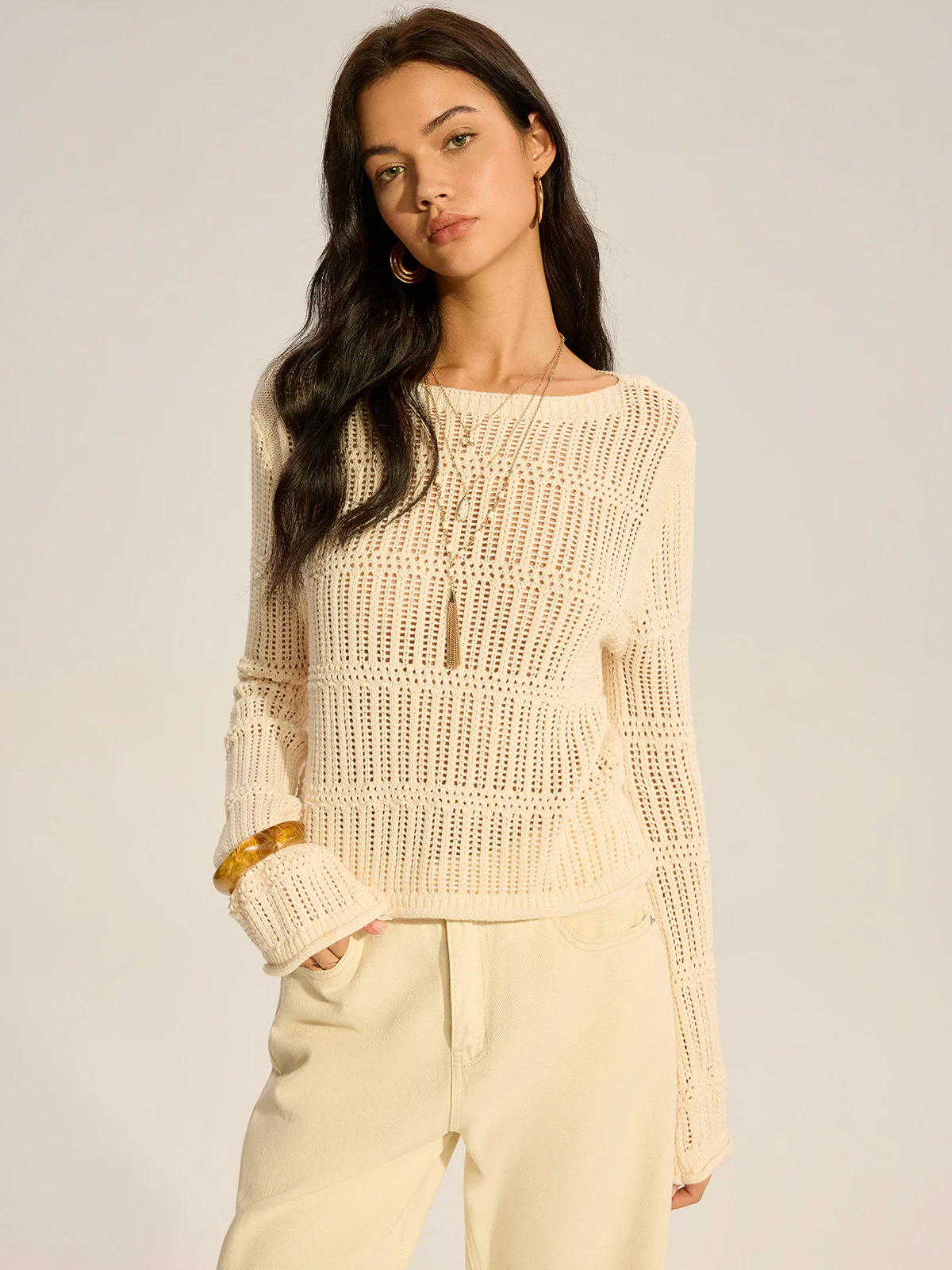 Mesh-Knit Long-Sleeve Sweater - Wholesalesil