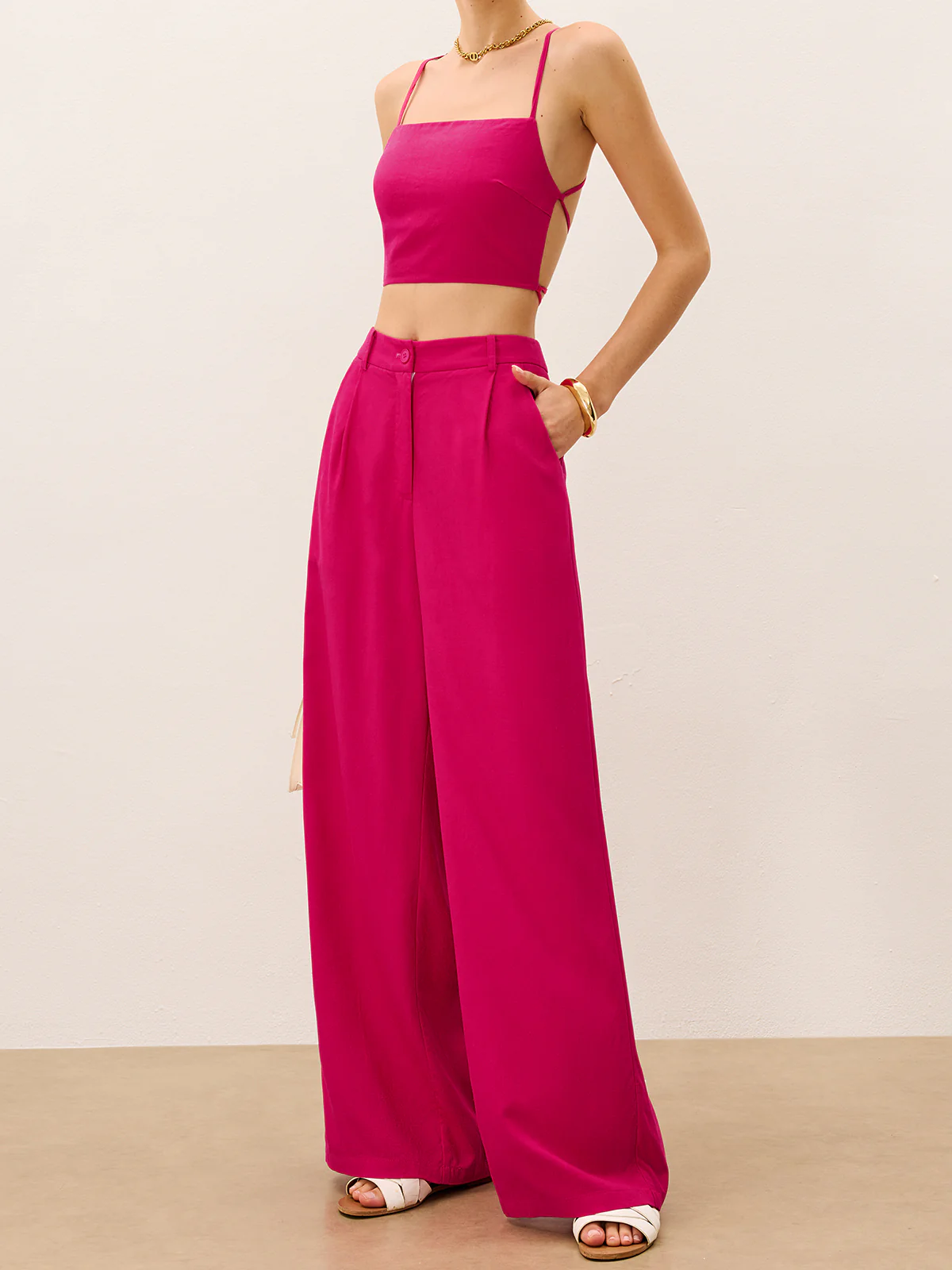 Tie-Back Top and Wide-Leg Pants Set - Wholesalesil