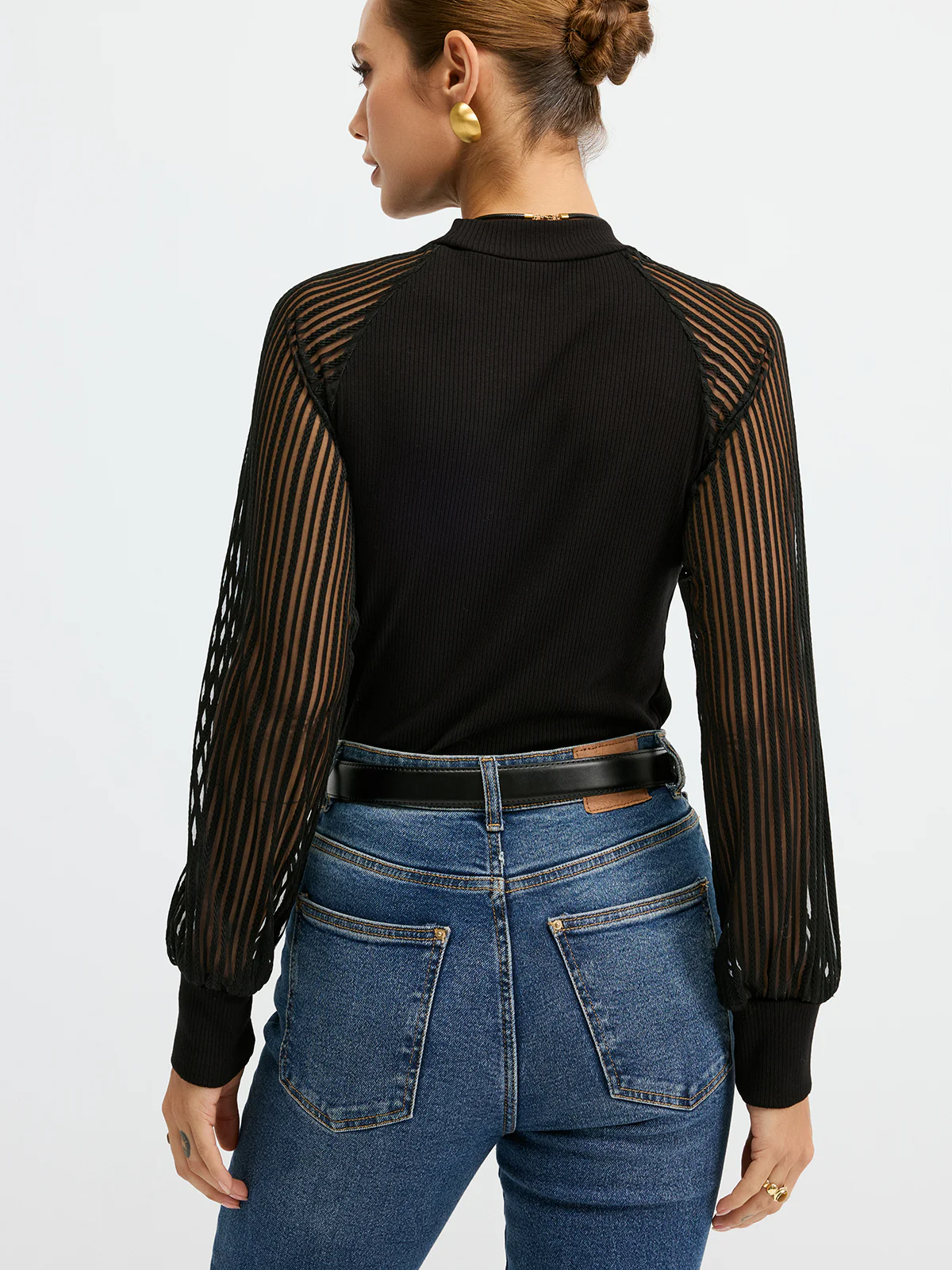 Mock Neck Mesh-Sleeve T-Shirt - Wholesalesil