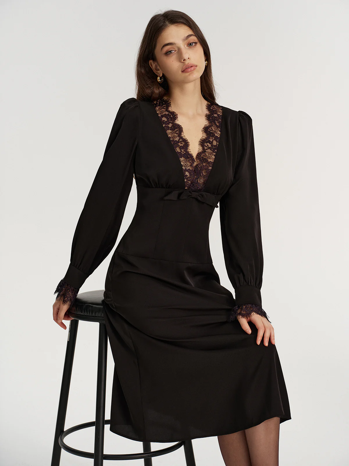 Lace V-Neck Bow Detail Satin Midi Dress - Wholesalesil