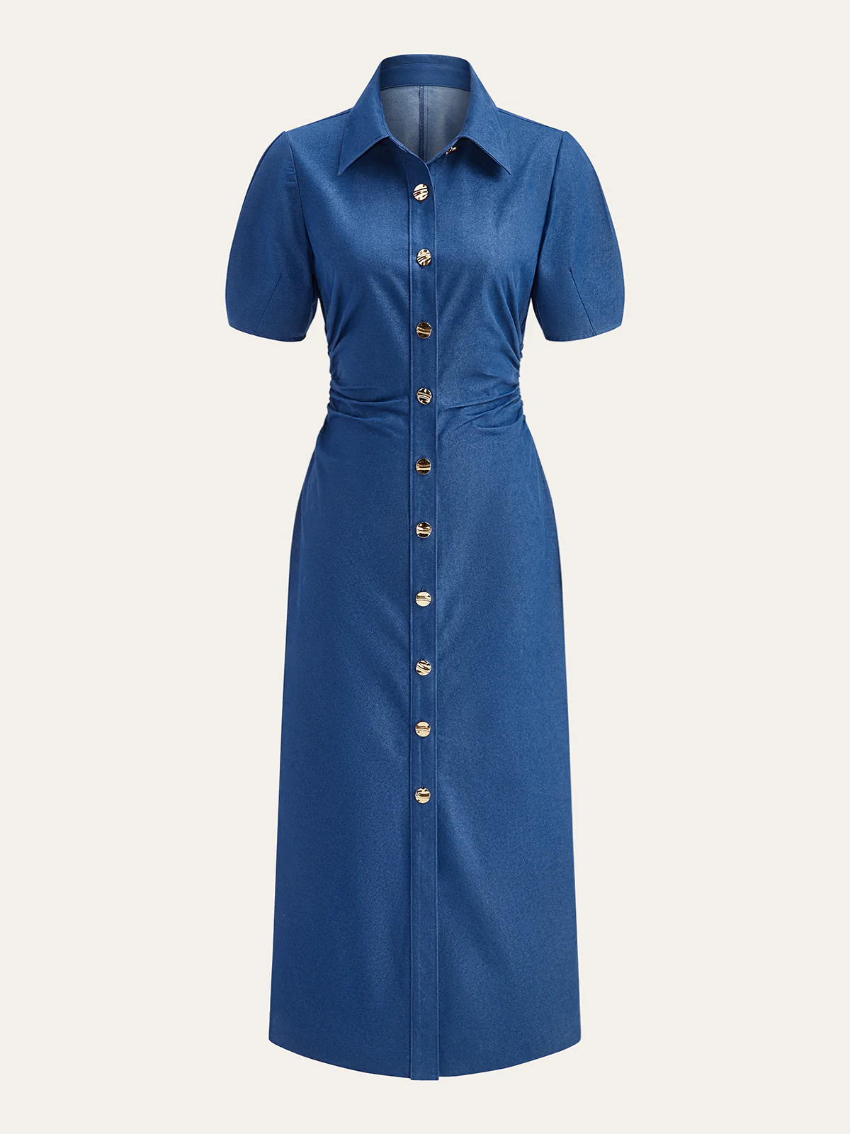Ruched Polo-Collar Button-Front Midi Dress - Wholesalesil