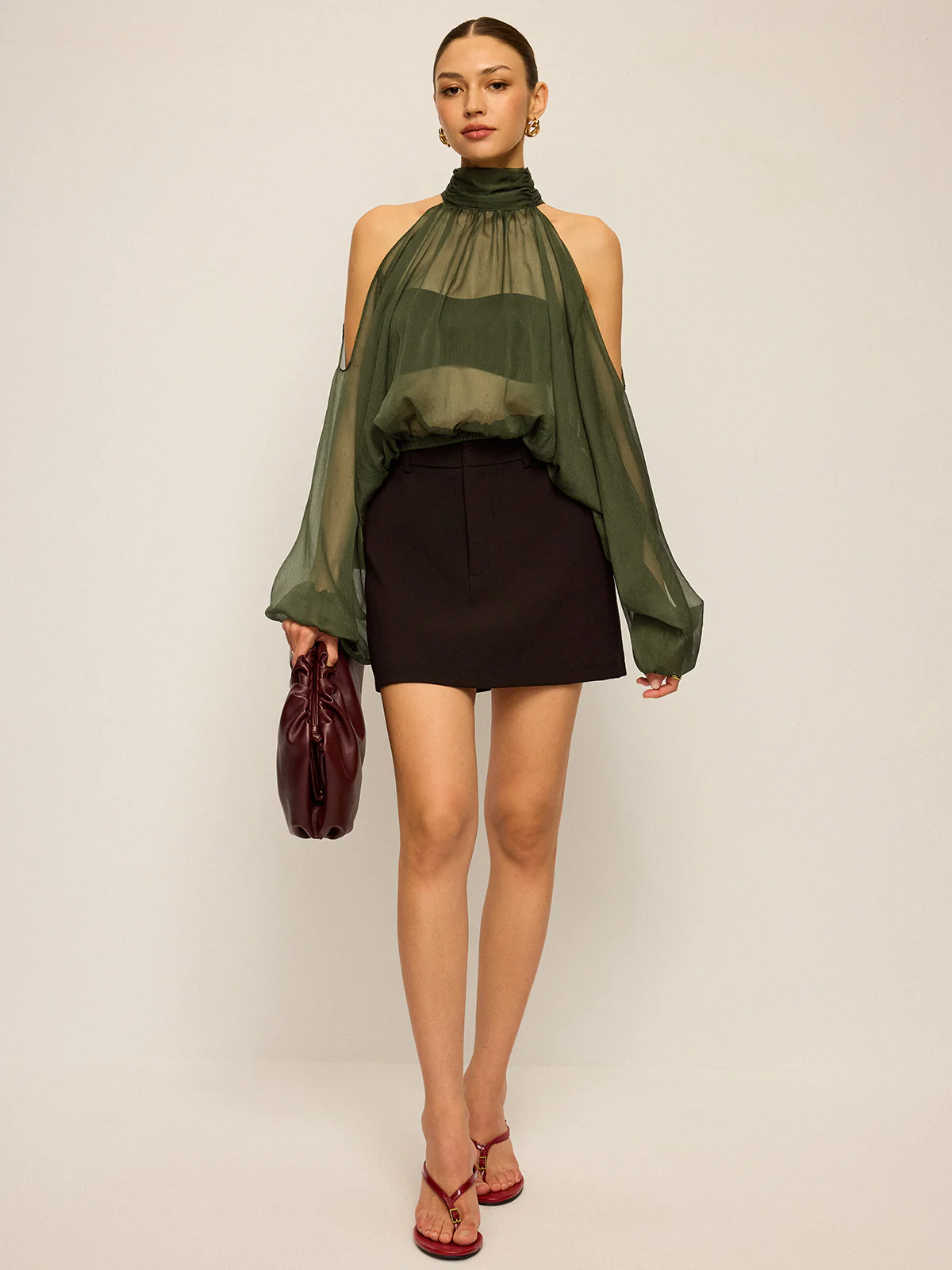 Sheer Halter Neck Cut-Out Sleeve Top with Bow Back - Wholesalesil