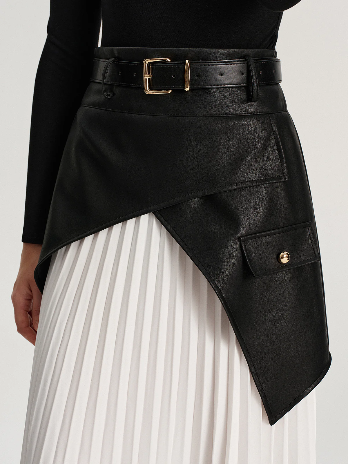 Belted Asymmetric Faux Leather Panel Pleated Maxi Skirt - Wholesalesil