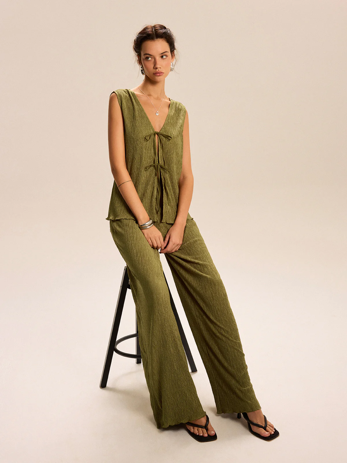 Sleeveless Tie-Front Top and Wide-Leg Pants Set - Wholesalesil