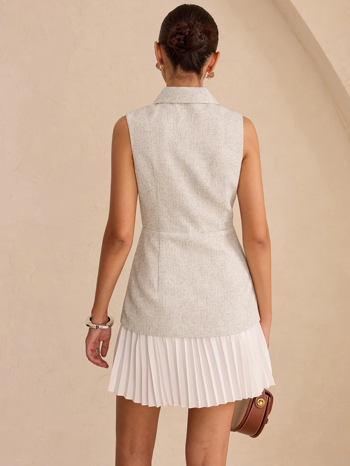 Sleeveless Collared Top Panel Pleated Skirt Mini Dress - Wholesalesil