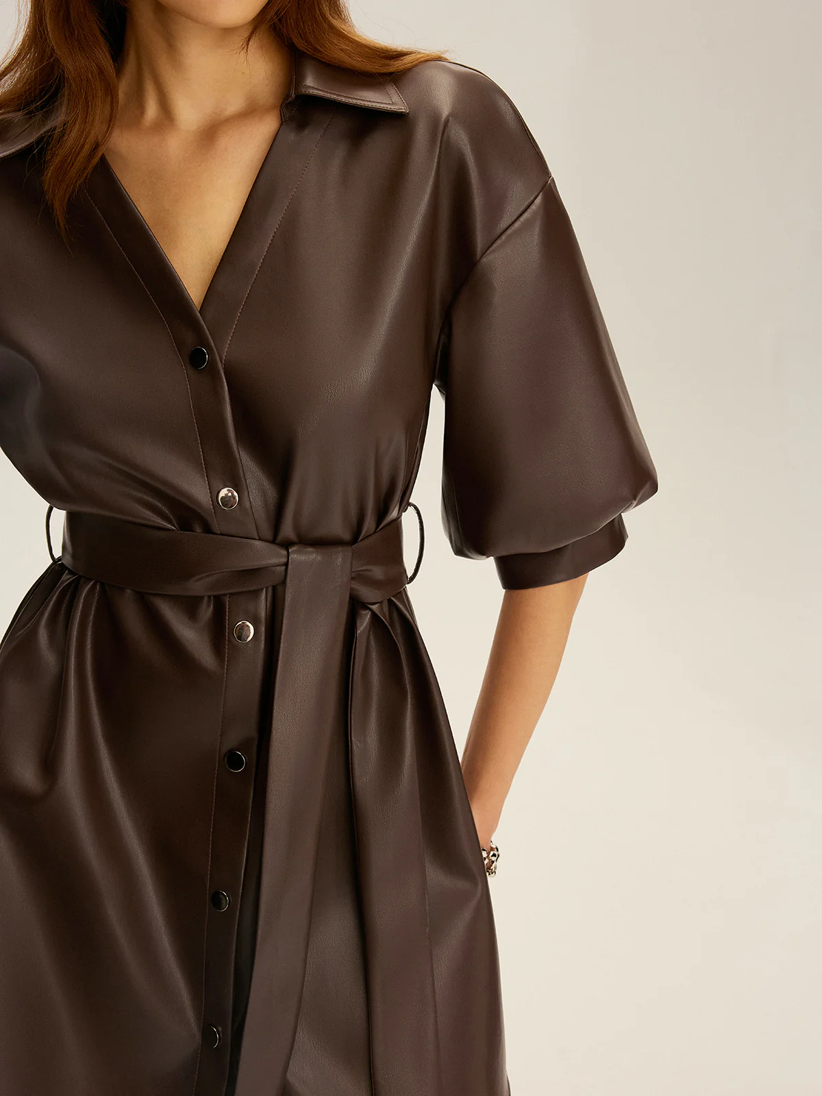Faux Leather V-Neck Belted Mini Dress - Wholesalesil