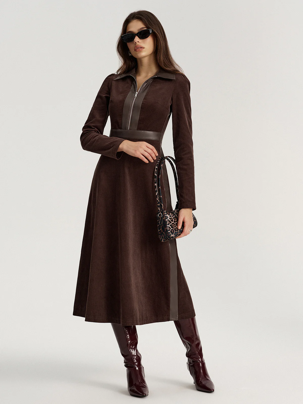 Faux Leather Panel Corduroy Midi Dress - Wholesalesil