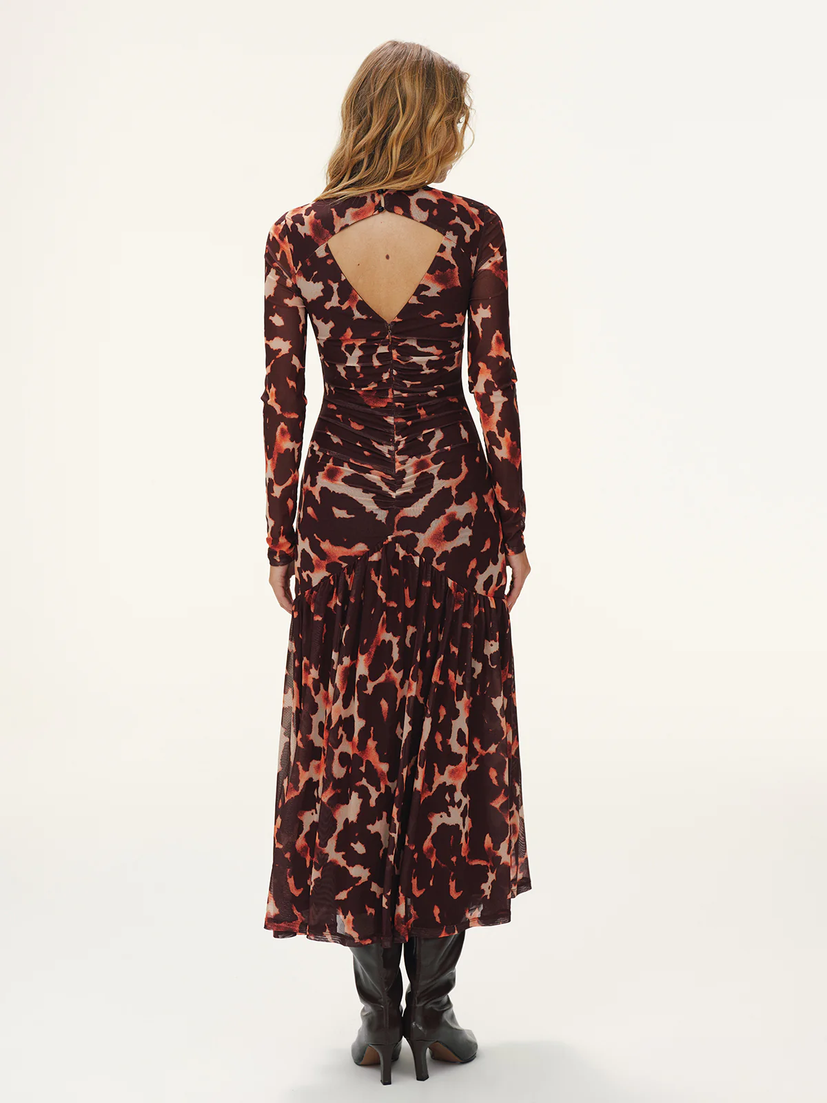 Leopard Print Ruched Mesh Maxi Dress without Belt - Wholesalesil