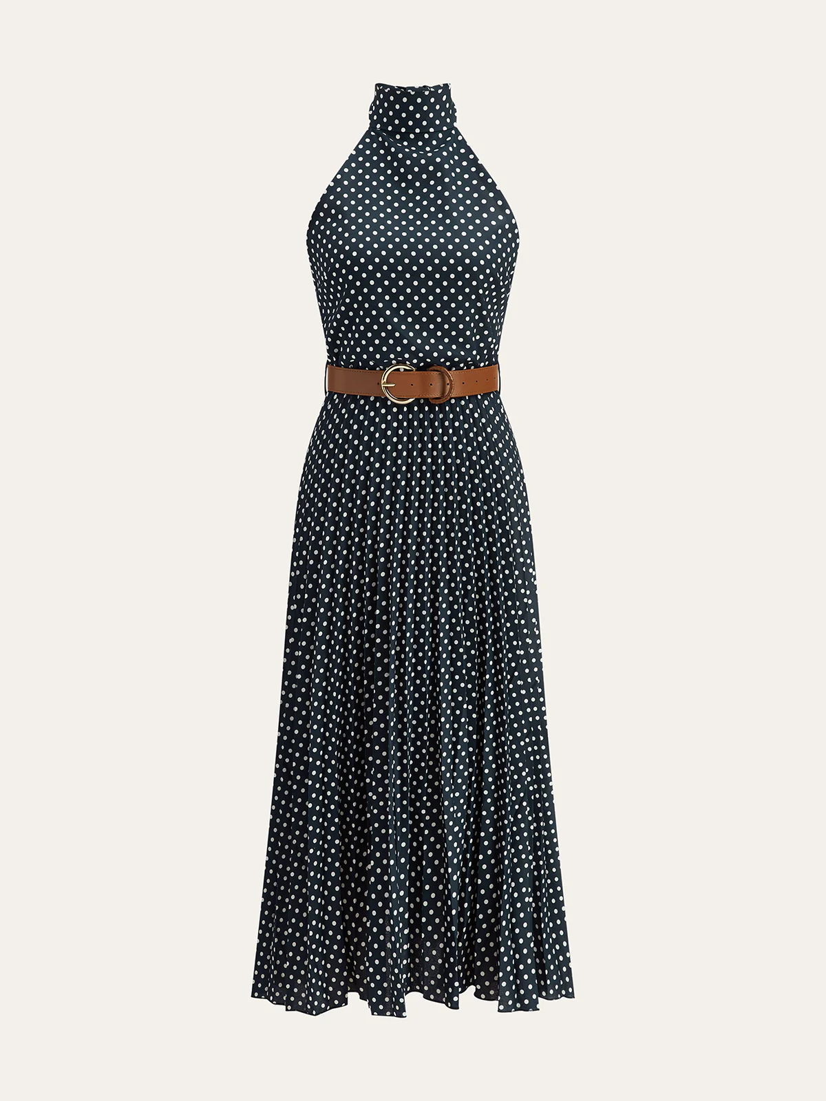 Polka Dot Halter Neck Belted Midi Dress - Wholesalesil