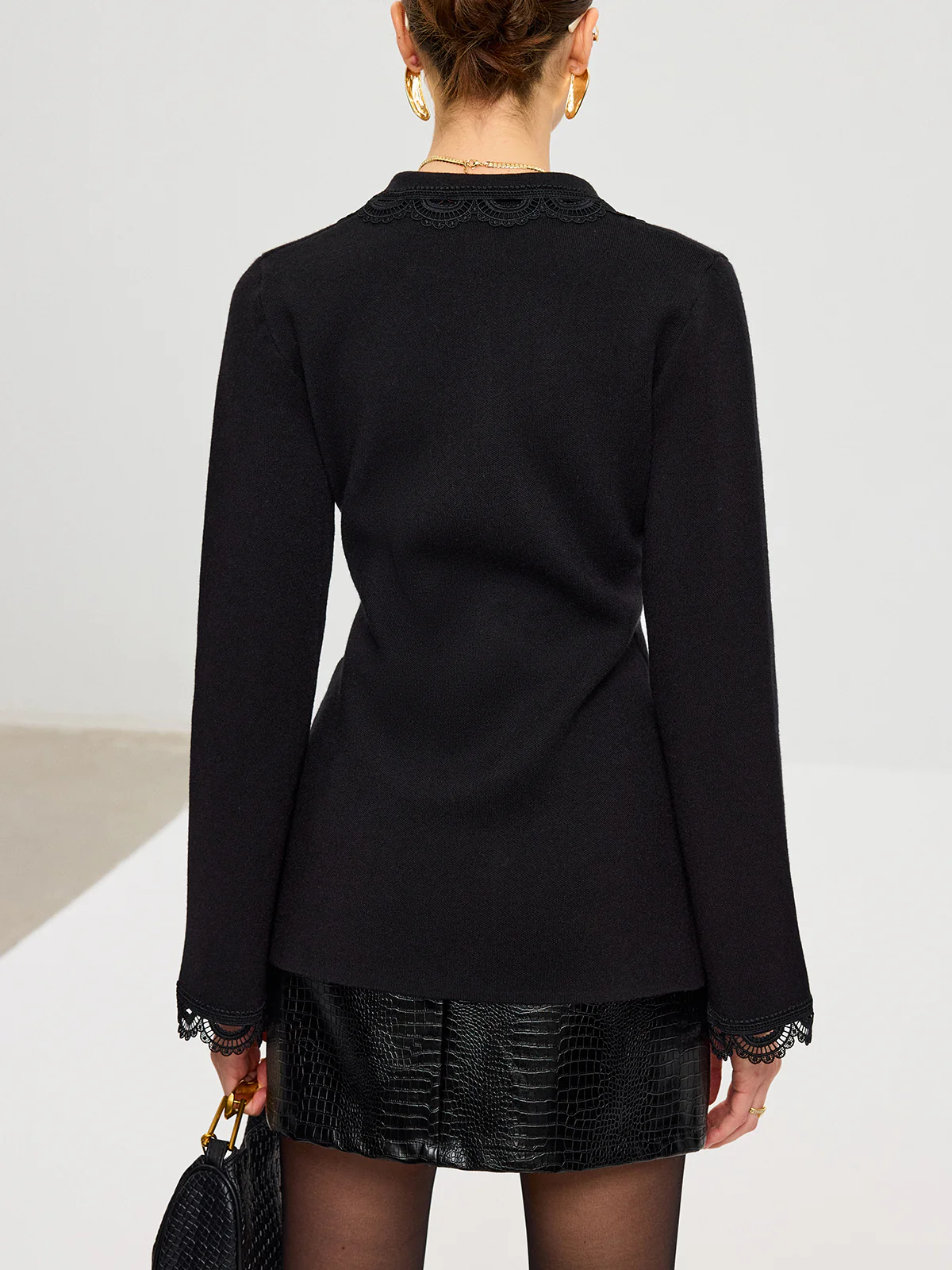 Wool Blend Lace Trim Metal Button Cardigan - Wholesalesil