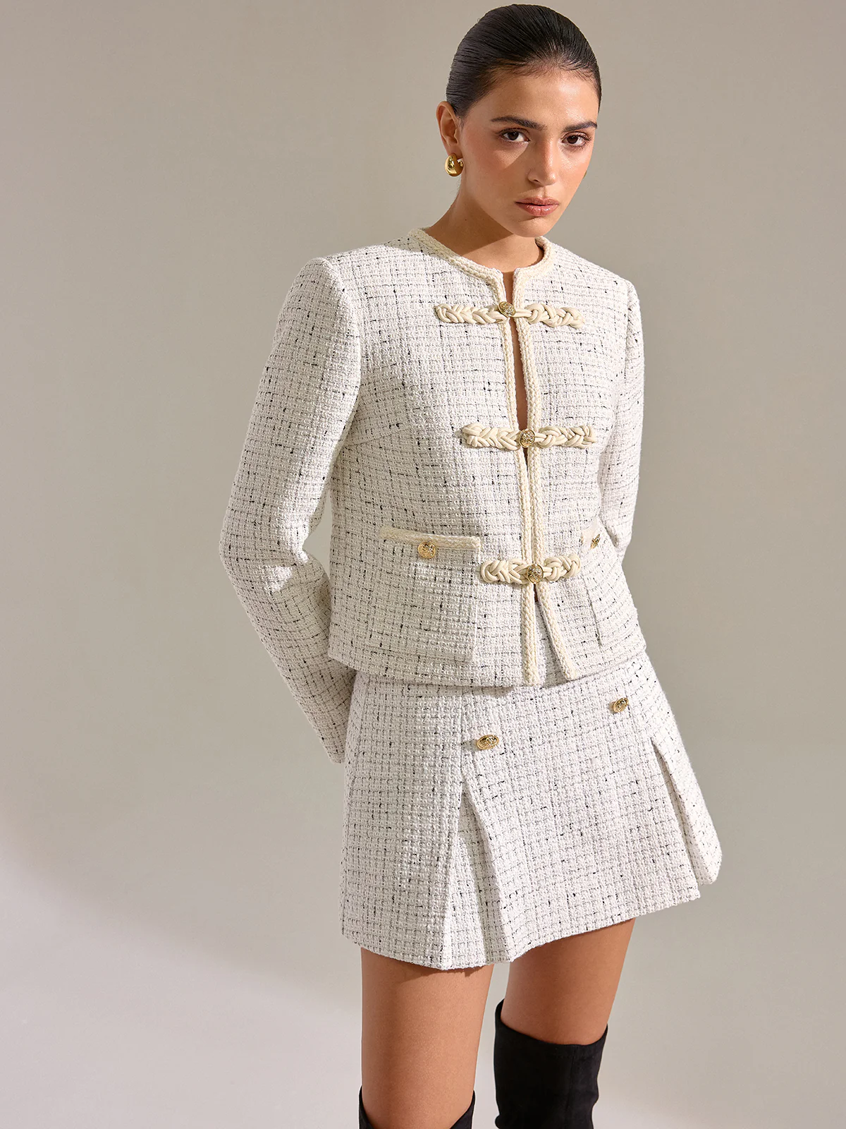 Metal Detail Knot Button Tweed Jacket - Wholesalesil