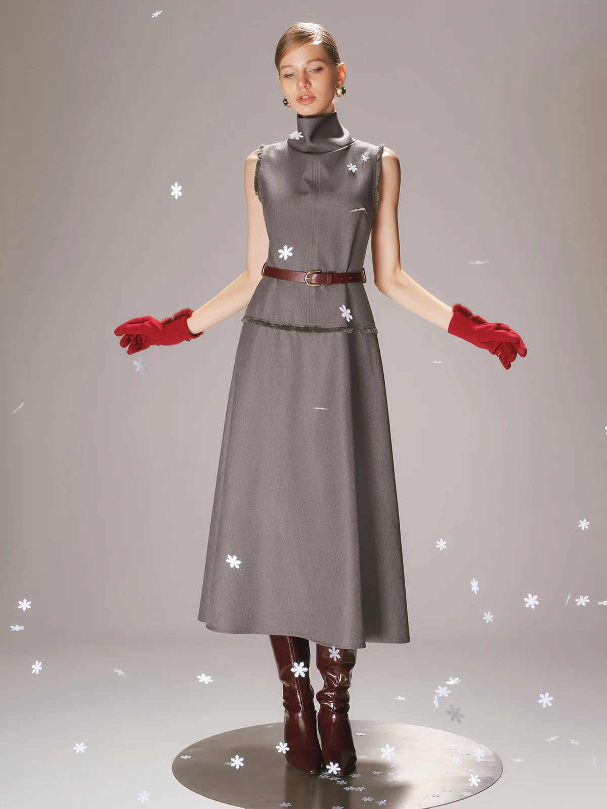 Belted Turtleneck Sleeveless Maxi Dress - Wholesalesil