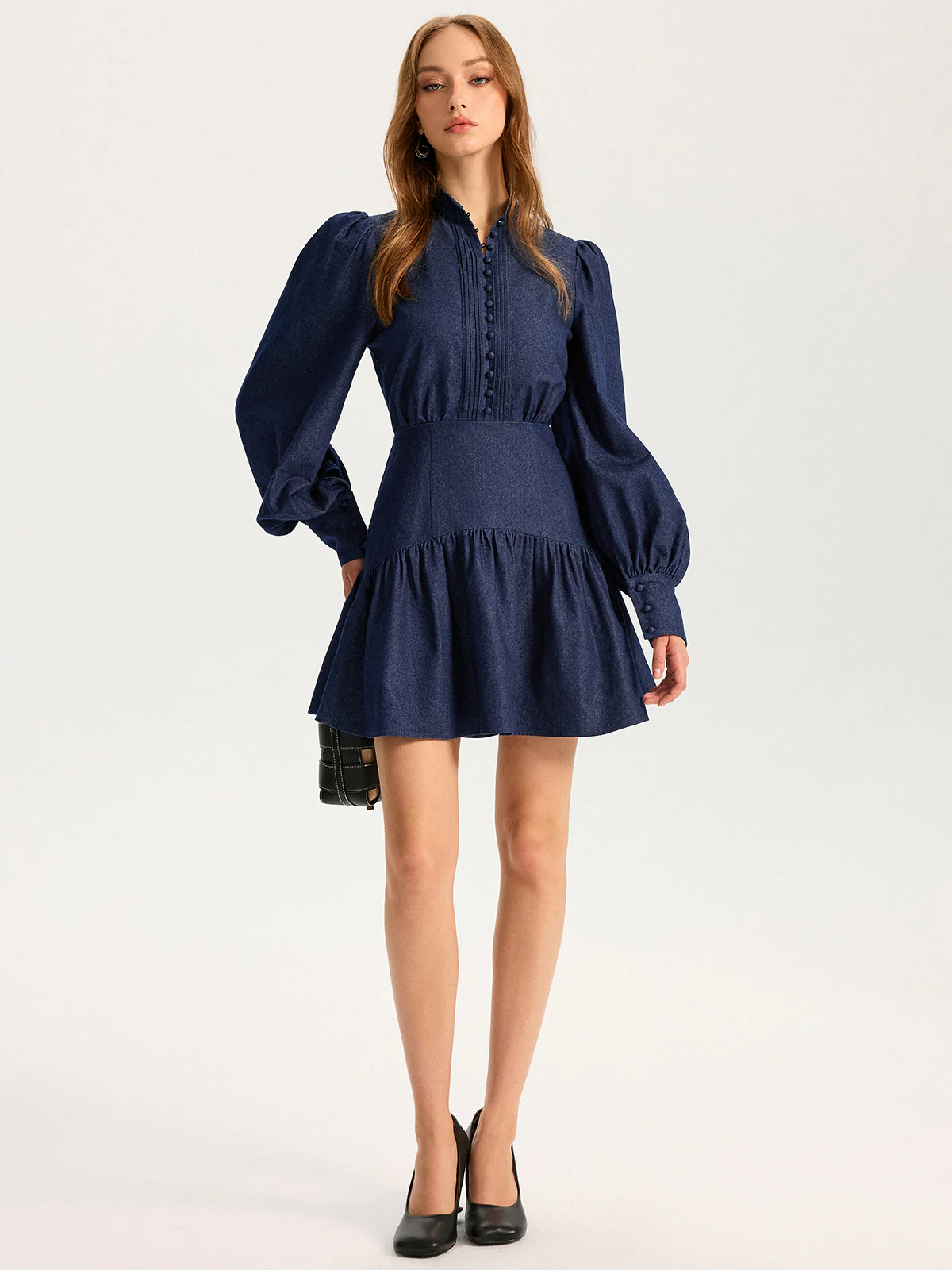 Denim Stand Collar Puff Sleeve Mini Dress - Wholesalesil