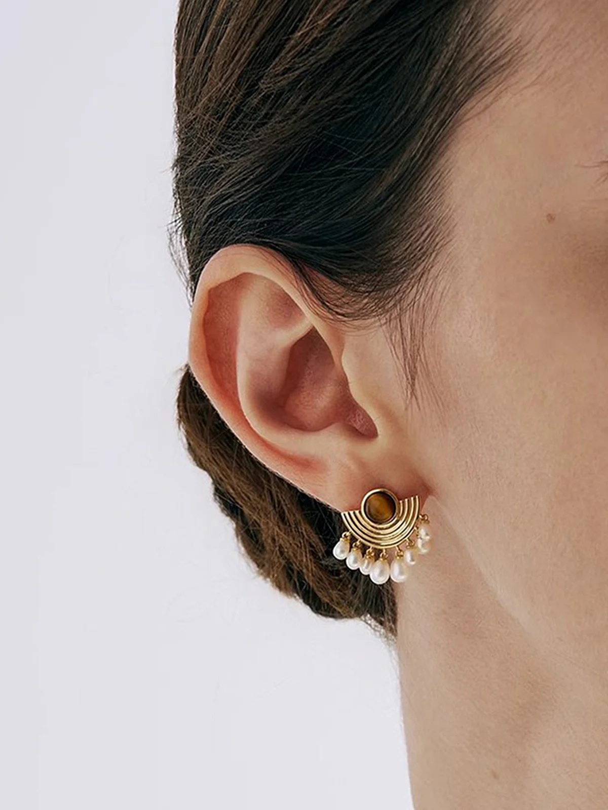 Tiger Eye Pearl Fan-Shaped Earrings - Wholesalesil