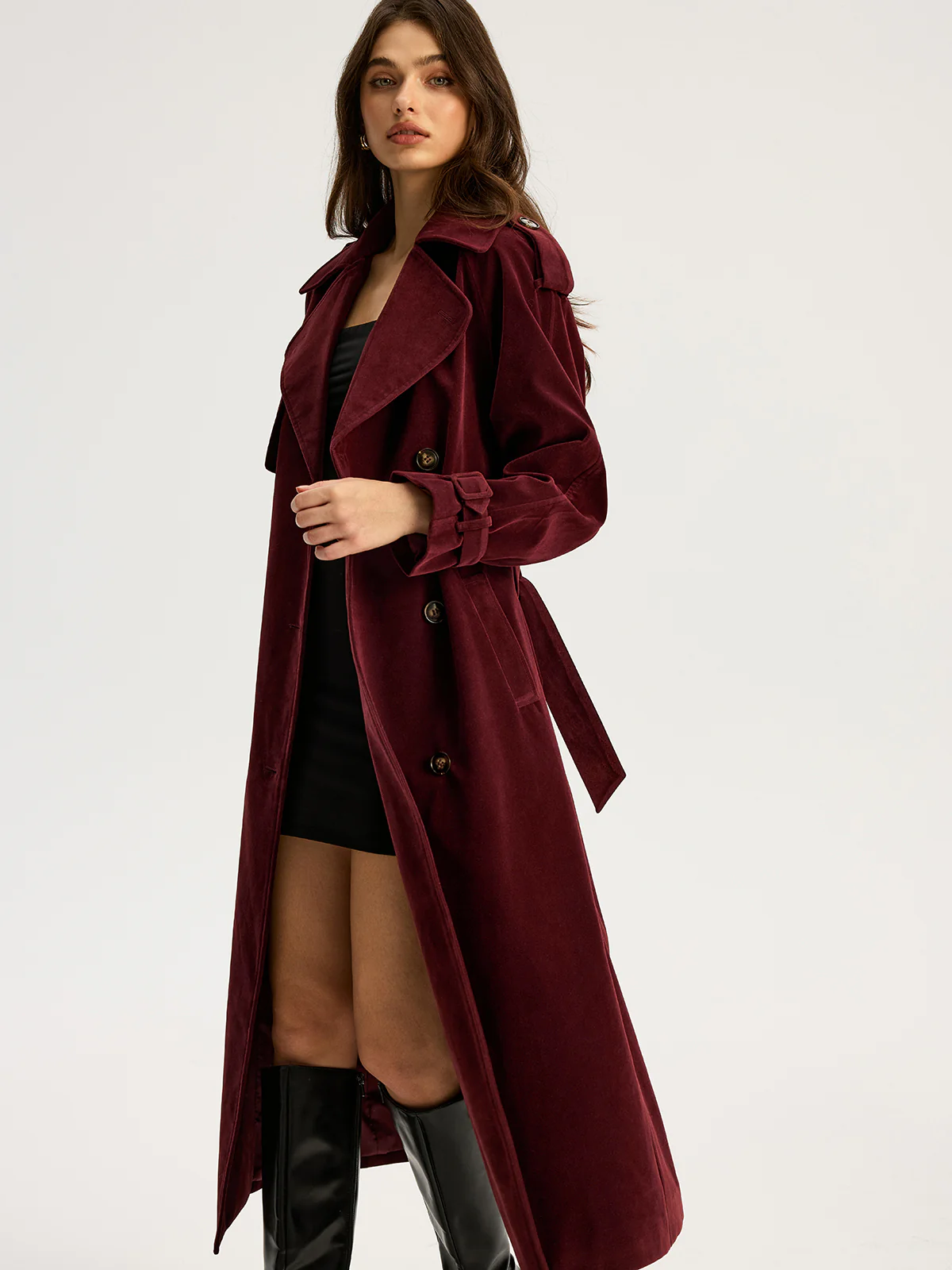 Belted Double-Breasted Suede Effect Long Trench Coat - Wholesalesil