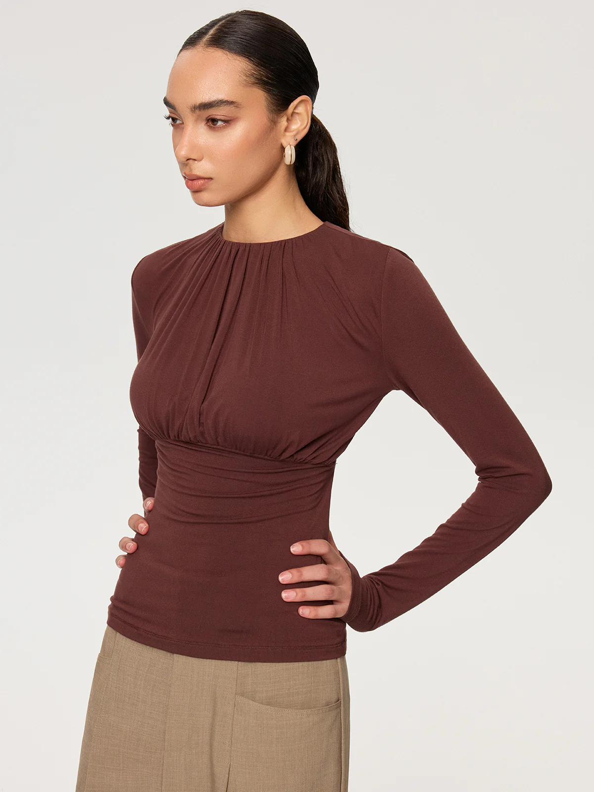 Ruched Long Sleeve Round Neck Knit Blouse - Wholesalesil