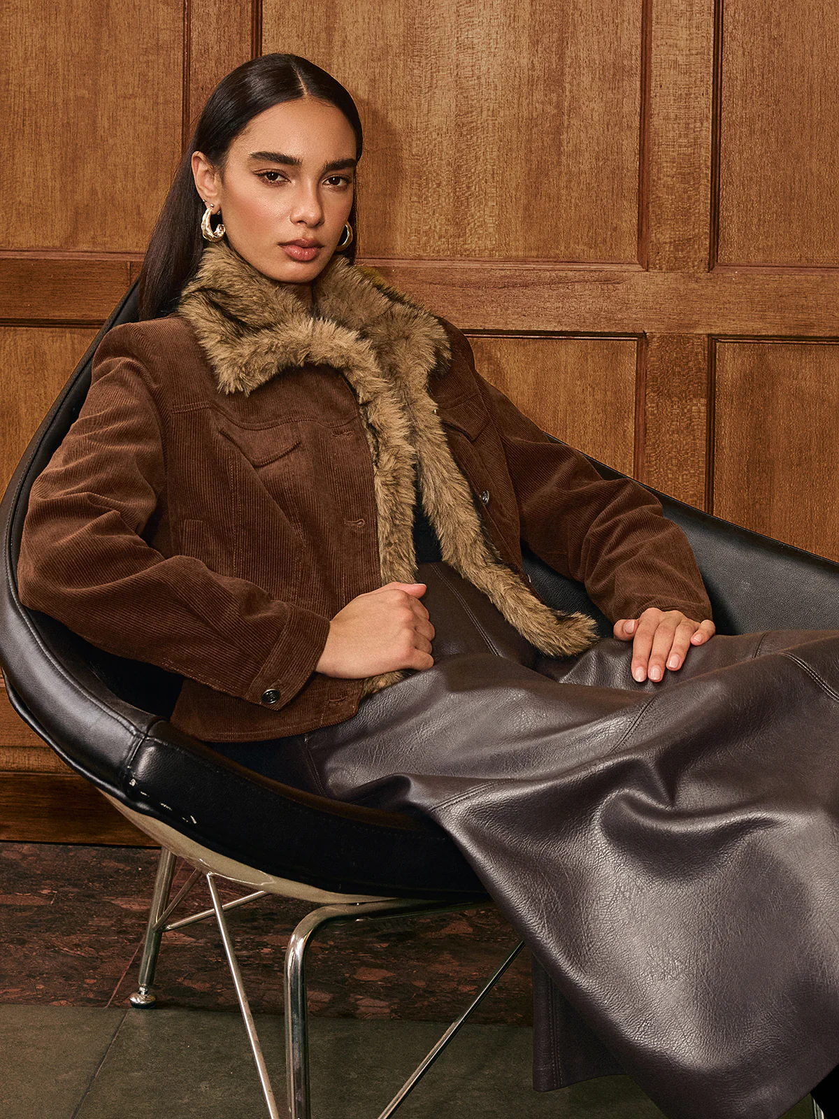 Faux Fur Collar Corduroy Jacket - Wholesalesil