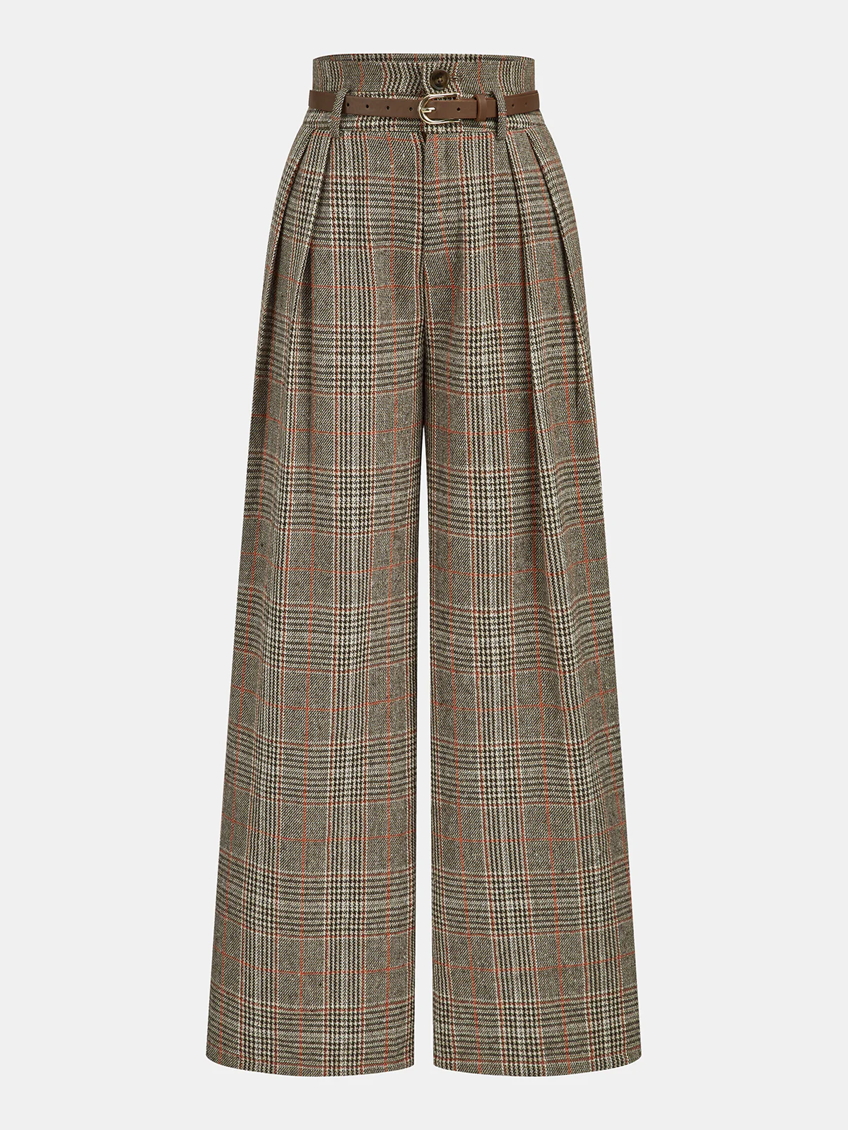 Belted Plaid High-Waisted Pants - Wholesalesil